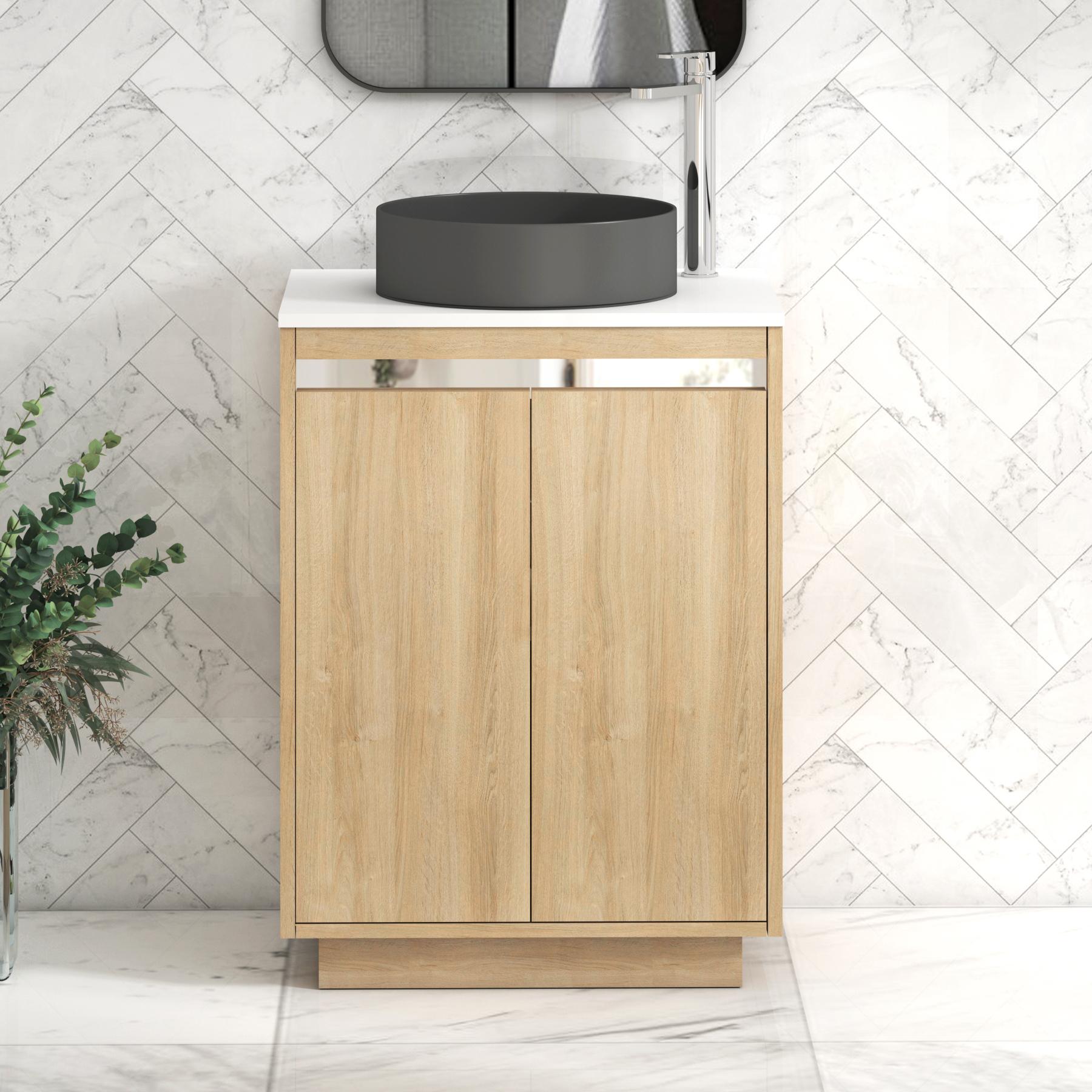 Orion 2 Door Natural Oak Floor Standing Vanity Unit with Plain White Top & Countertop Basin