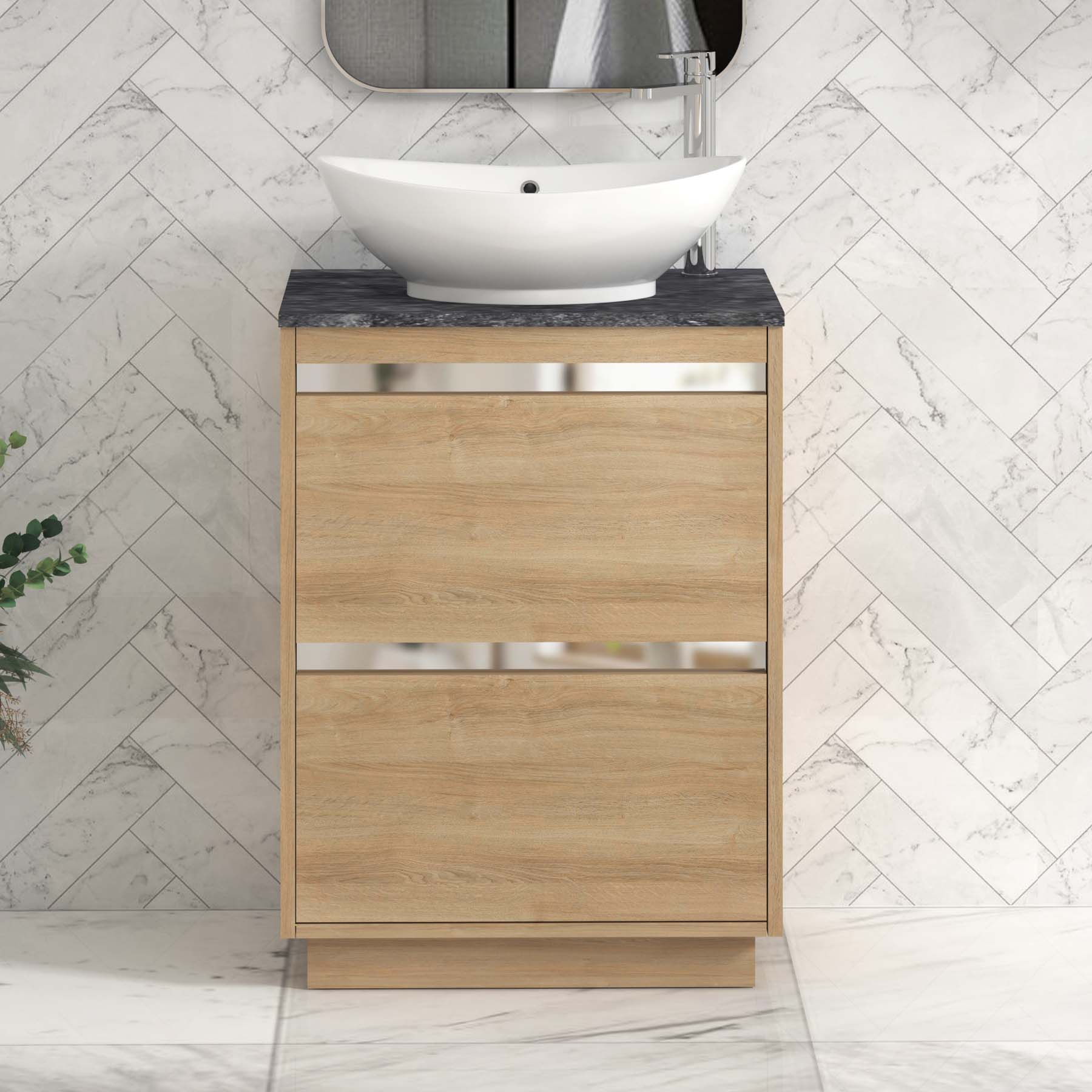 Orion 600mm Oak Floor Standing Countertop Vanity Unit 2 Drawer with Amaze Basin & Chrome Strip - Black Star