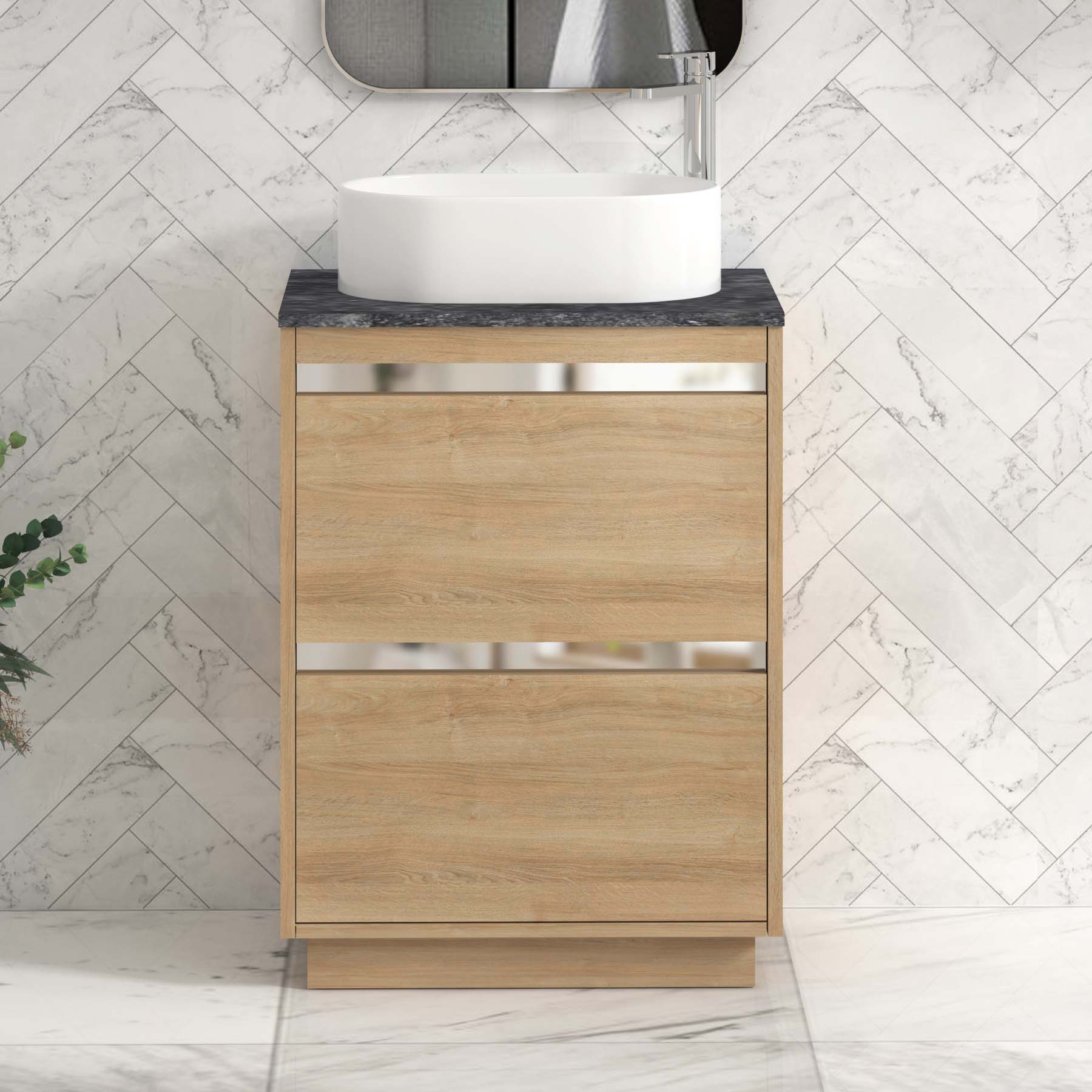 Orion 600mm Oak Floor Standing Countertop Vanity Unit 2 Drawer with Peak Basin & Chrome Strip - Black Star