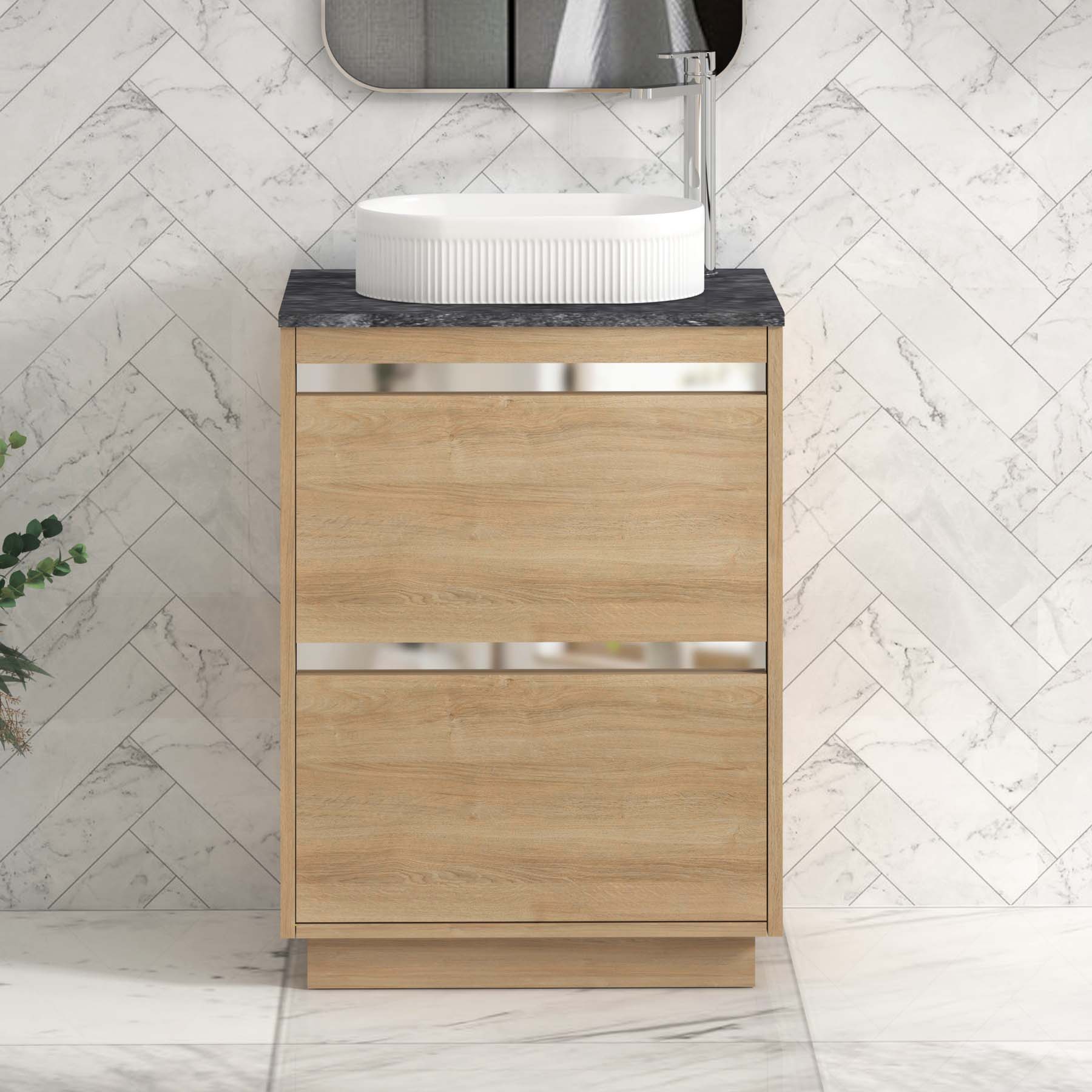 Orion 600mm Oak Floor Standing Countertop Vanity Unit 2 Drawer with Lyon Basin & Chrome Strip - Black Star