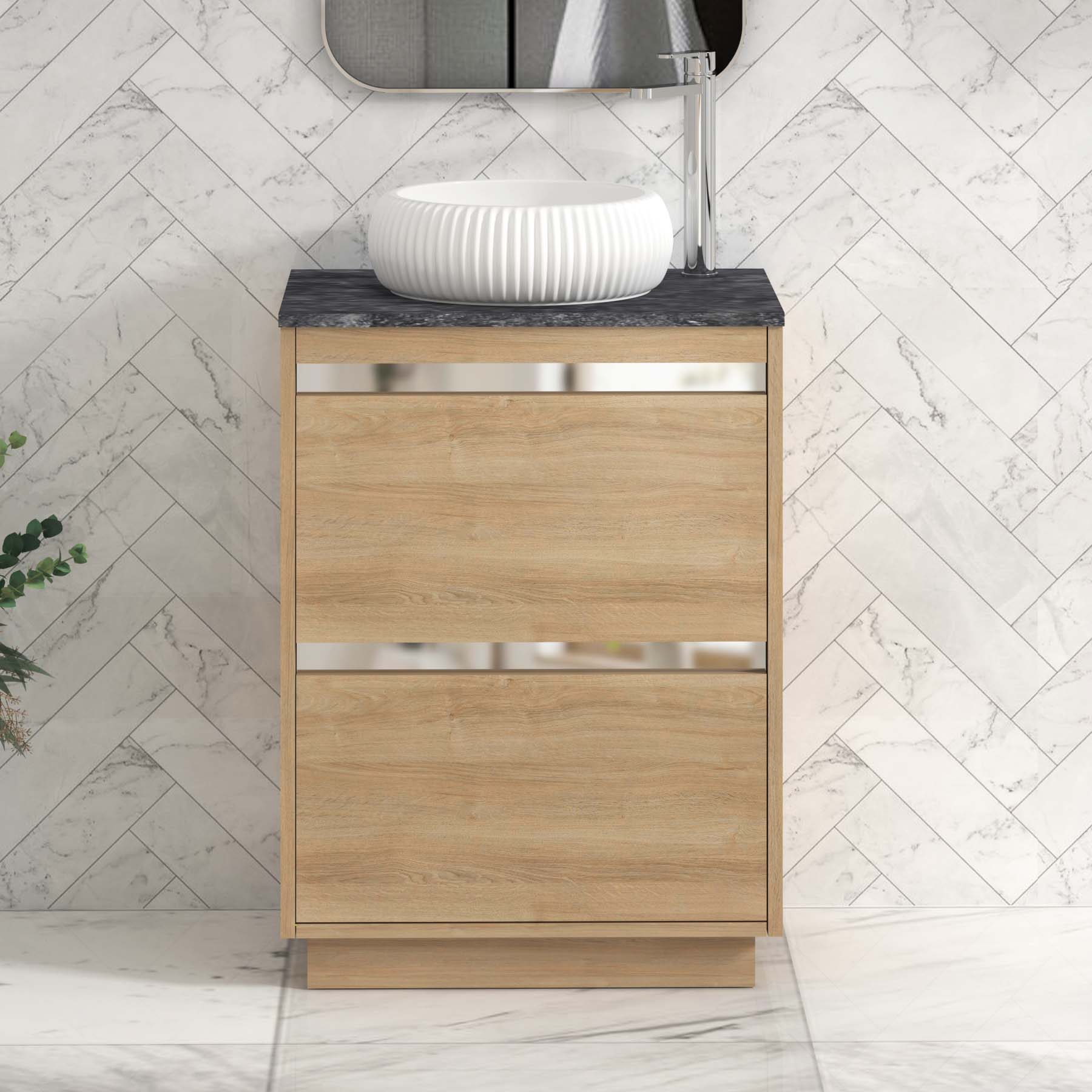 Orion 600mm Oak Floor Standing Countertop Vanity Unit 2 Drawer with Milan Basin & Chrome Strip - Black Star