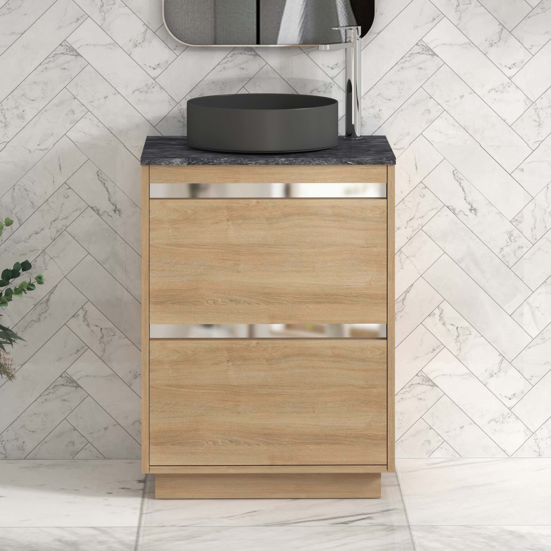 Orion 600mm Oak Floor Standing Countertop Vanity Unit 2 Drawer with Art Round Basin & Chrome Strip - Black Star