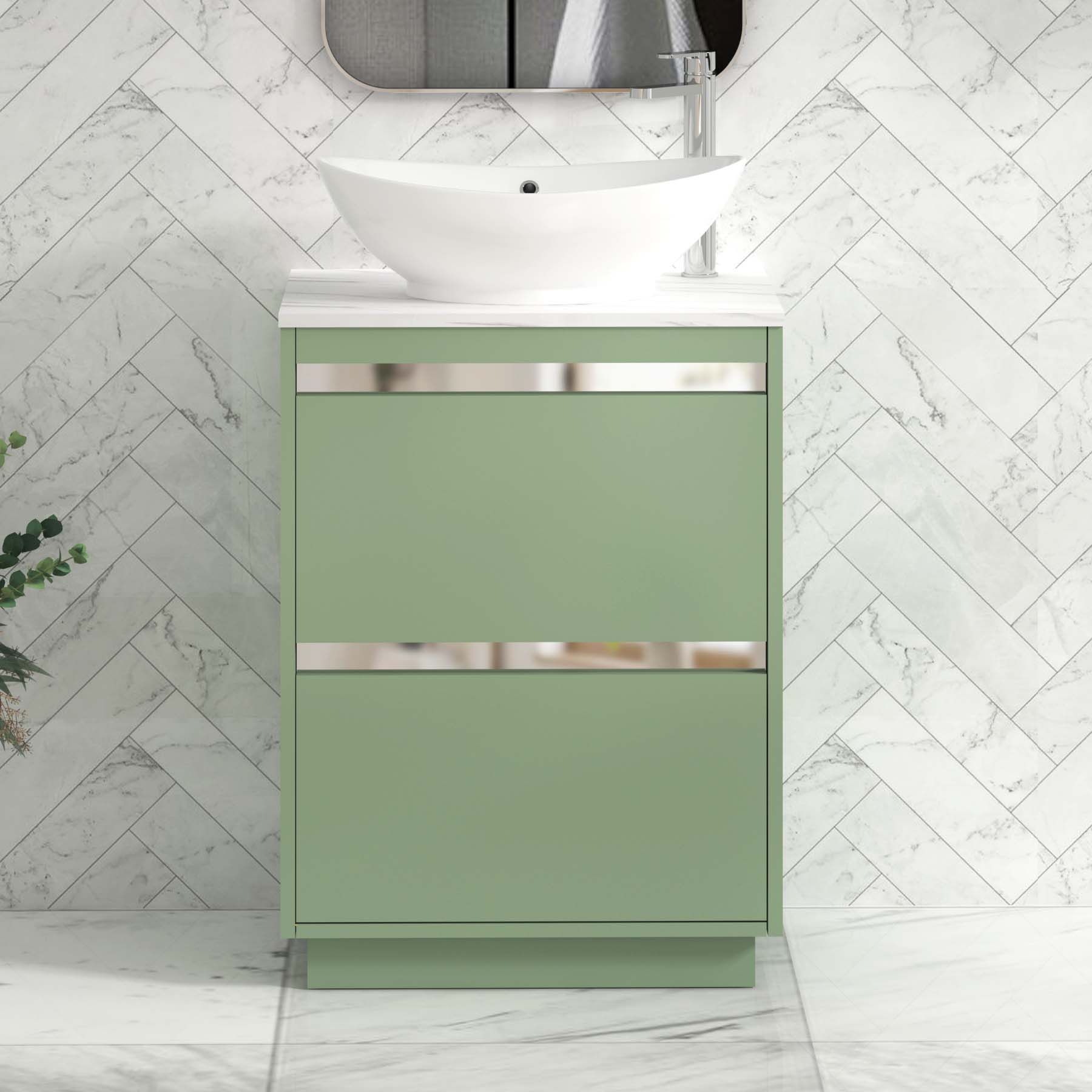 Orion 2 Drawer Mint Sage Floor Standing Vanity Unit with Carrara White Top & Countertop Basin