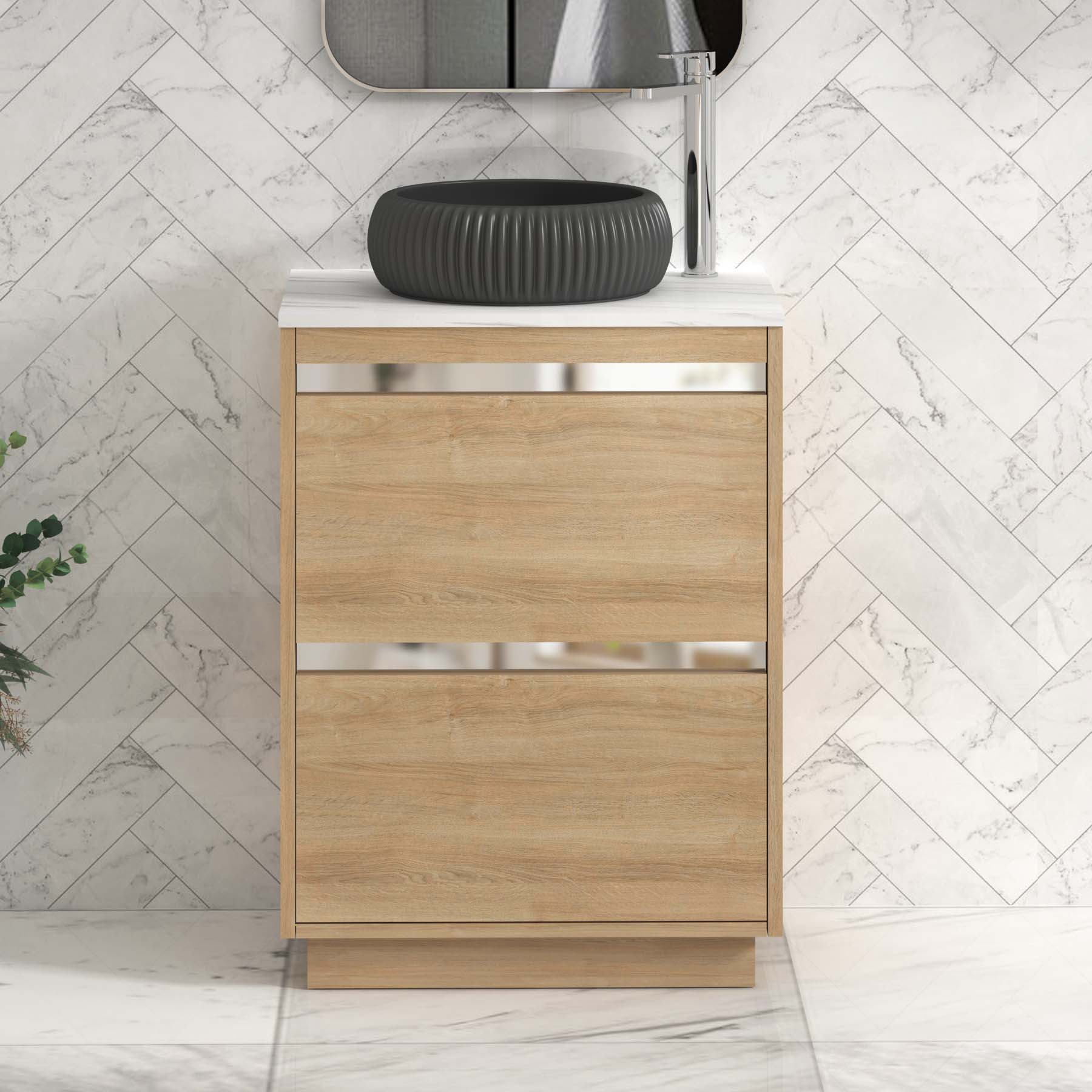 Orion 600mm Oak Floor Standing Countertop Vanity Unit 2 Drawer with Milan Black Basin & Chrome Strip