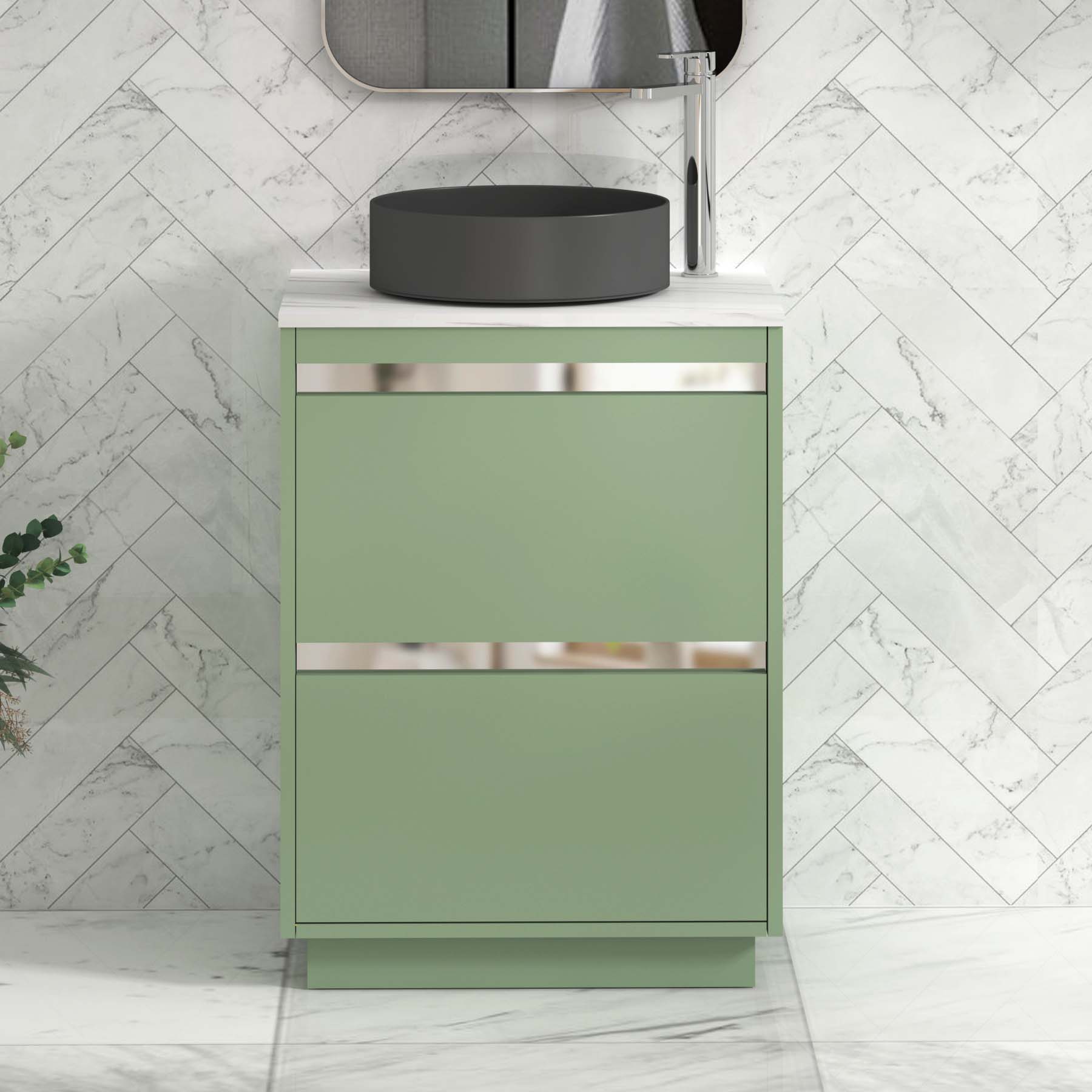 Orion 600mm Mint Green Floor Standing Countertop Vanity Unit 2 Drawer with Art Round Basin & Chrome Strip