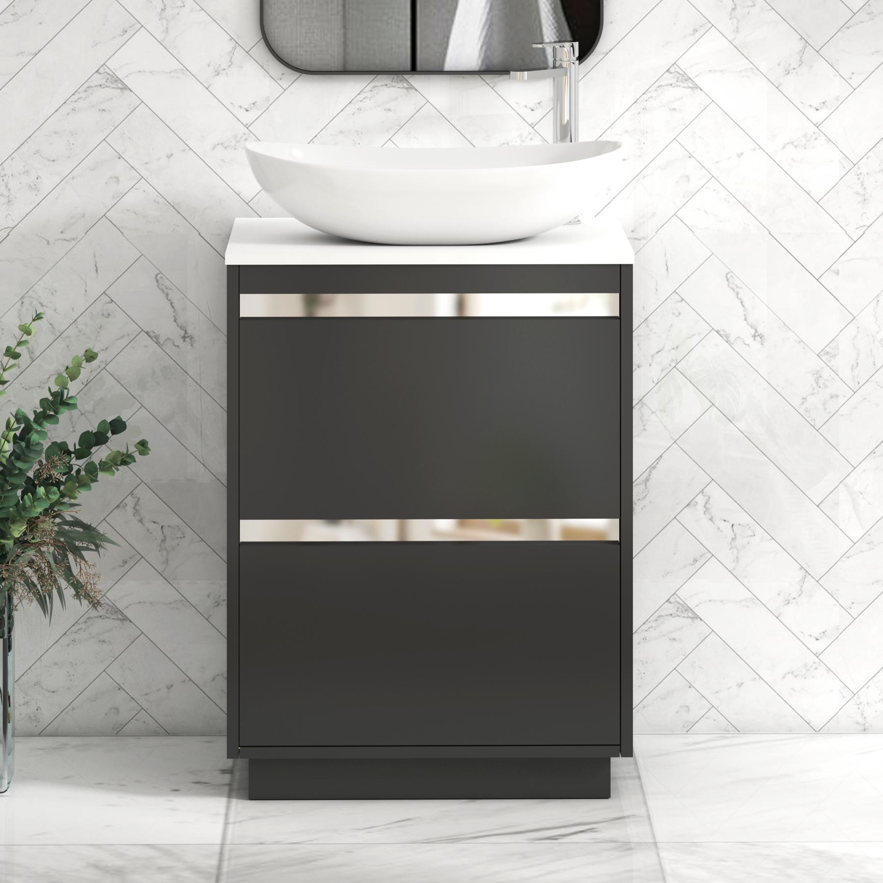 Orion 2 Drawer Matt Obsidian Black Floor Standing Vanity Unit with Plain White Top & Countertop Basin