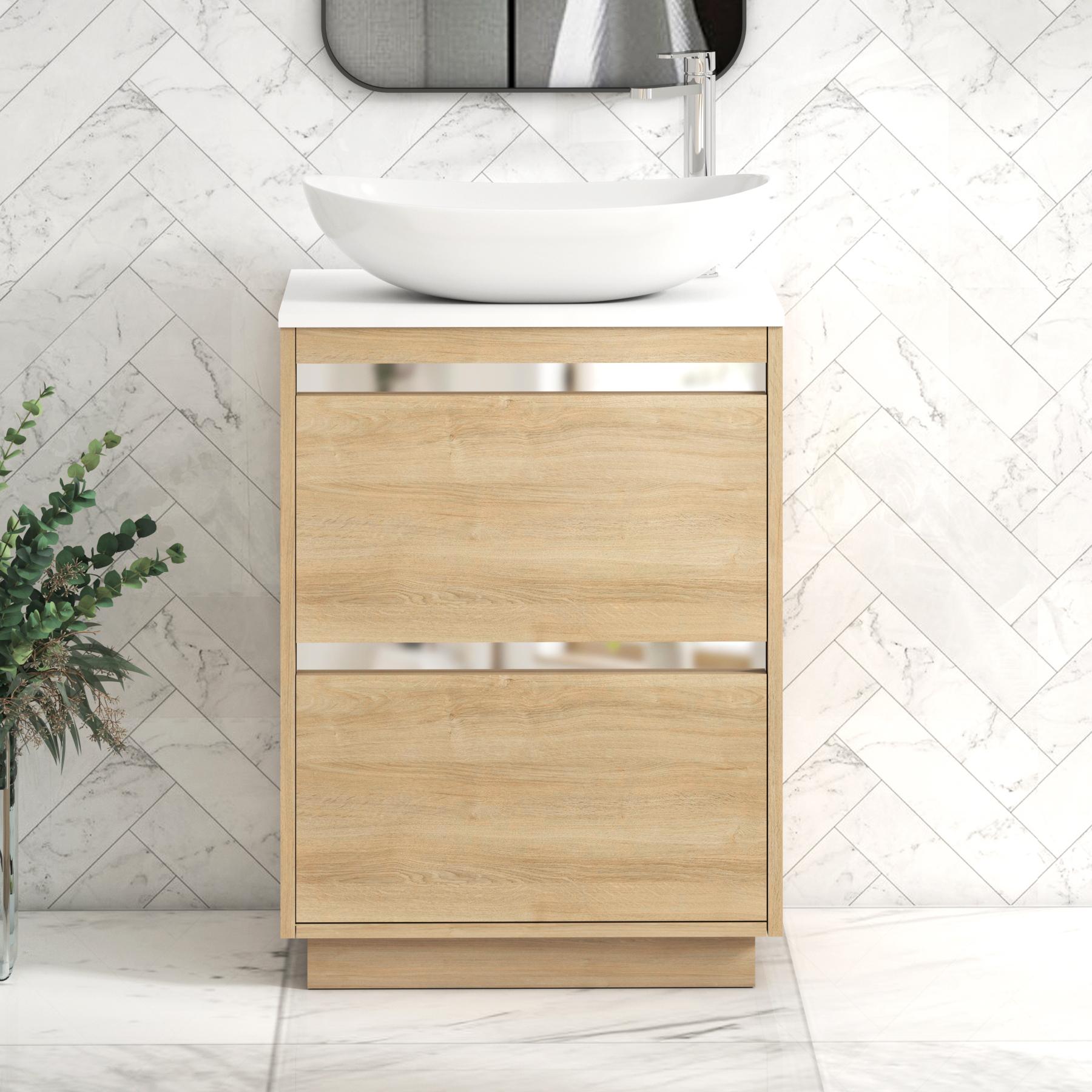 Orion 2 Drawer Natural Oak Floor Standing Vanity Unit with Plain White Top & Countertop Basin