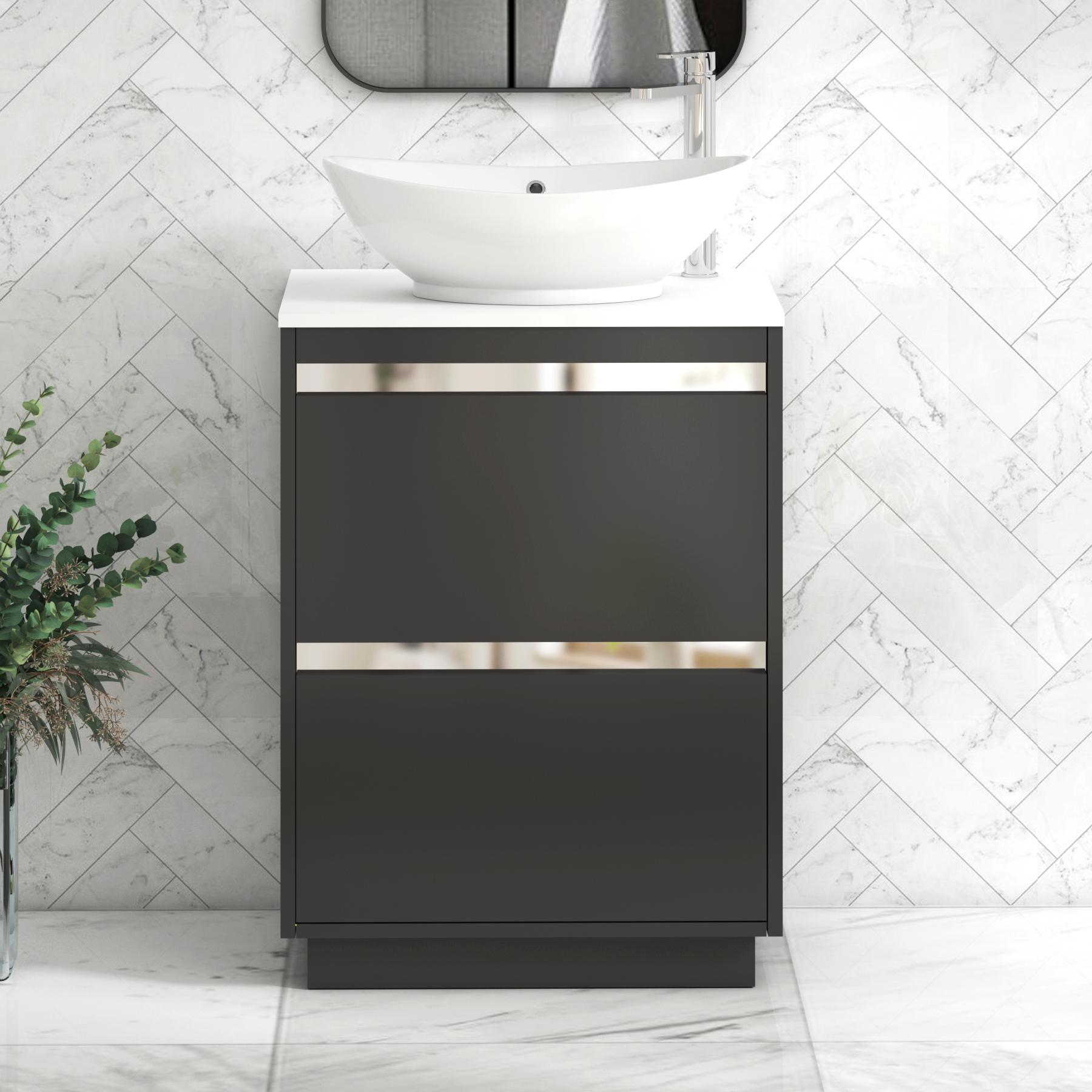 Orion 2 Drawer Matt Obsidian Black Floor Standing Vanity Unit with Plain White Top & Countertop Basin