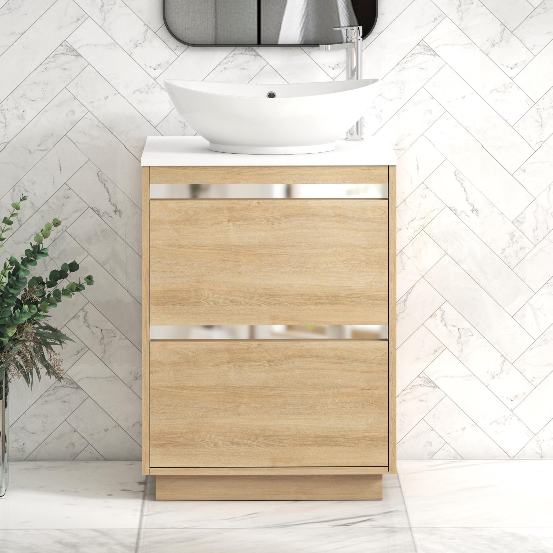 Orion 2 Drawer Natural Oak Floor Standing Vanity Unit with Plain White Top & Countertop Basin