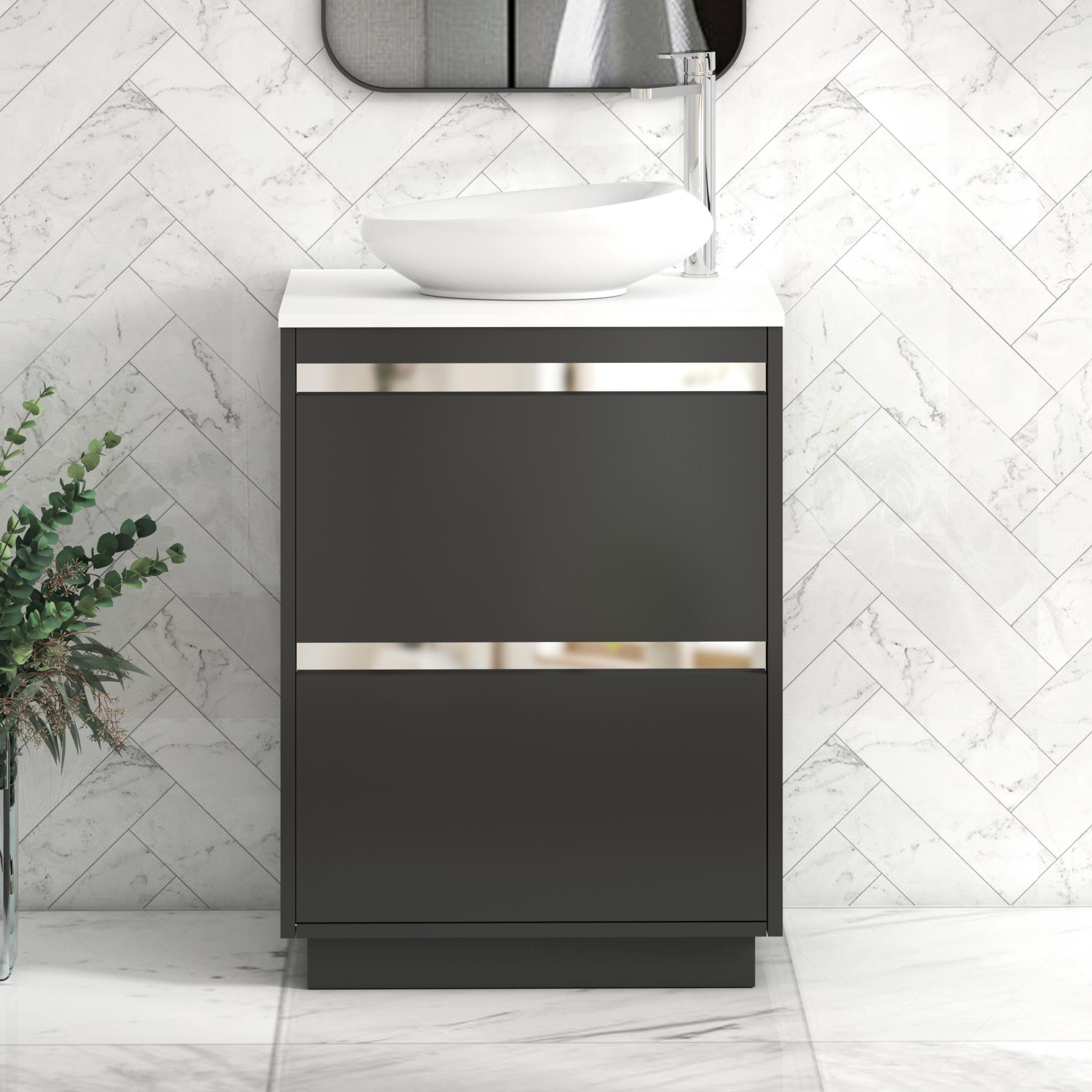 Orion 2 Drawer Matt Obsidian Black Floor Standing Vanity Unit with Plain White Top & Countertop Basin