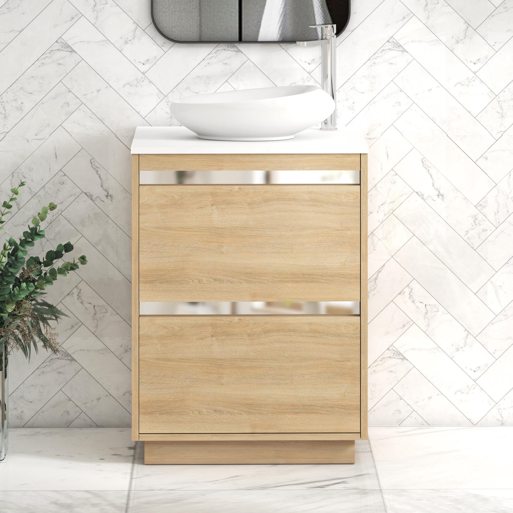 Orion 2 Drawer Natural Oak Floor Standing Vanity Unit with Plain White Top & Countertop Basin