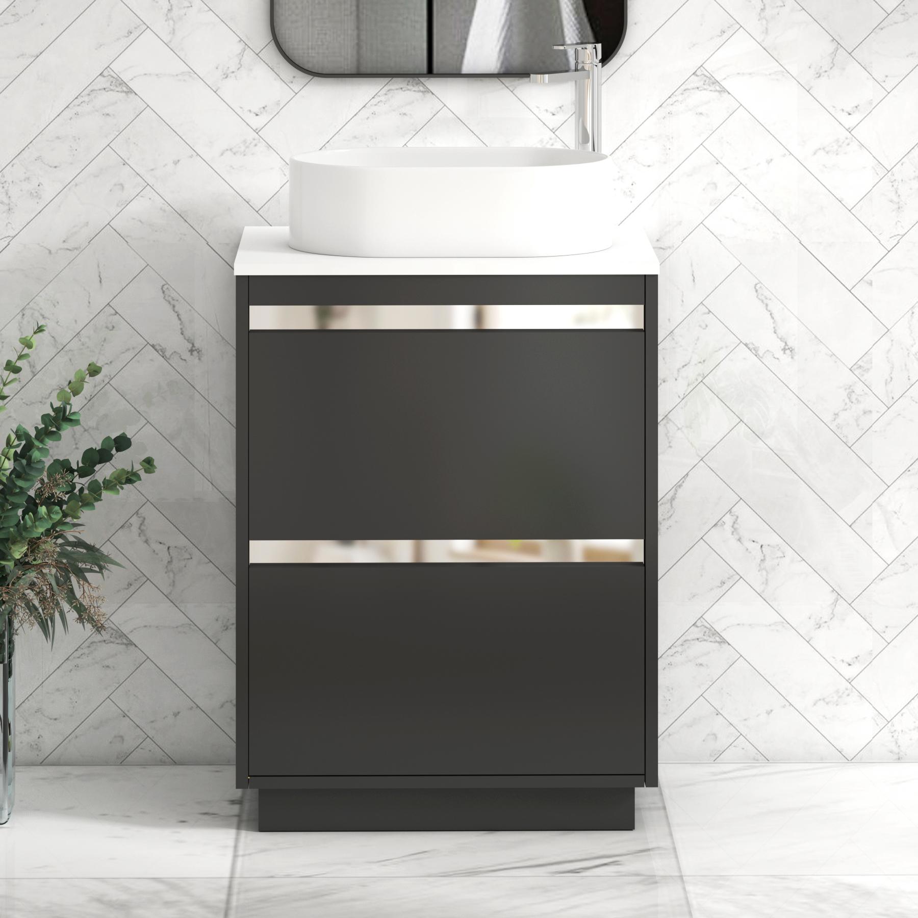 Orion 2 Drawer Matt Obsidian Black Floor Standing Vanity Unit with Plain White Top & Countertop Basin