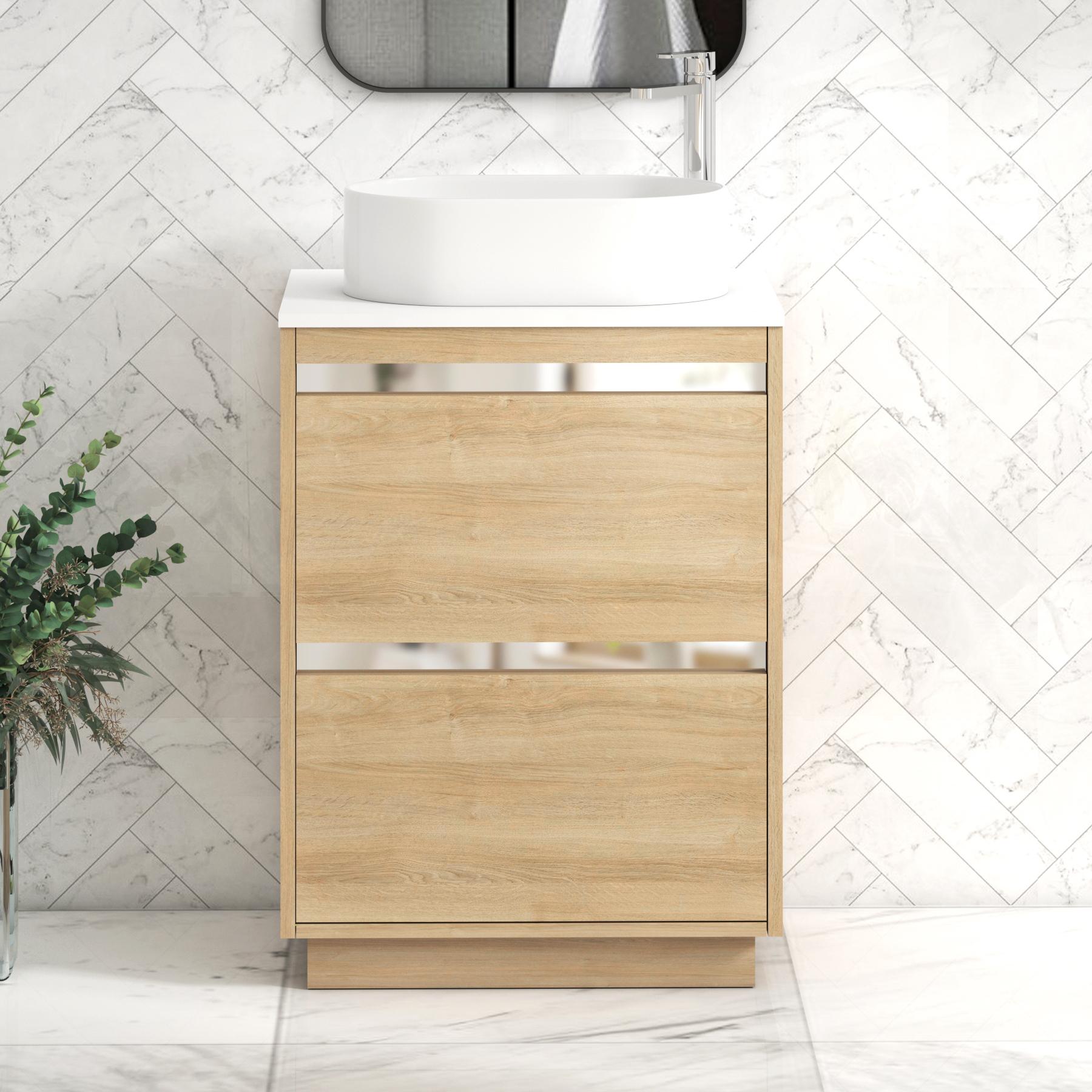 Orion 2 Drawer Natural Oak Floor Standing Vanity Unit with Plain White Top & Countertop Basin