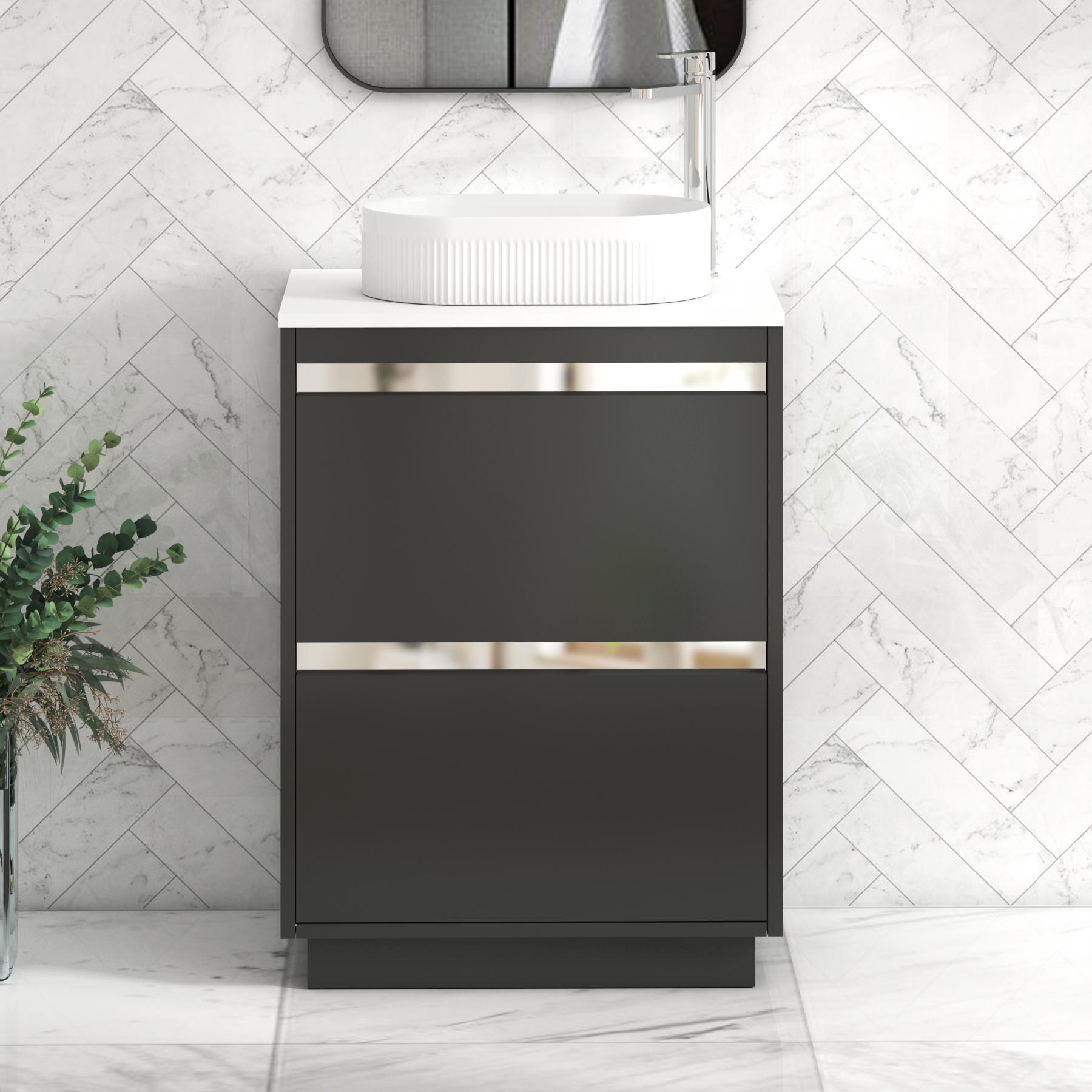 Orion 2 Drawer Matt Obsidian Black Floor Standing Vanity Unit with Plain White Top & Countertop Basin
