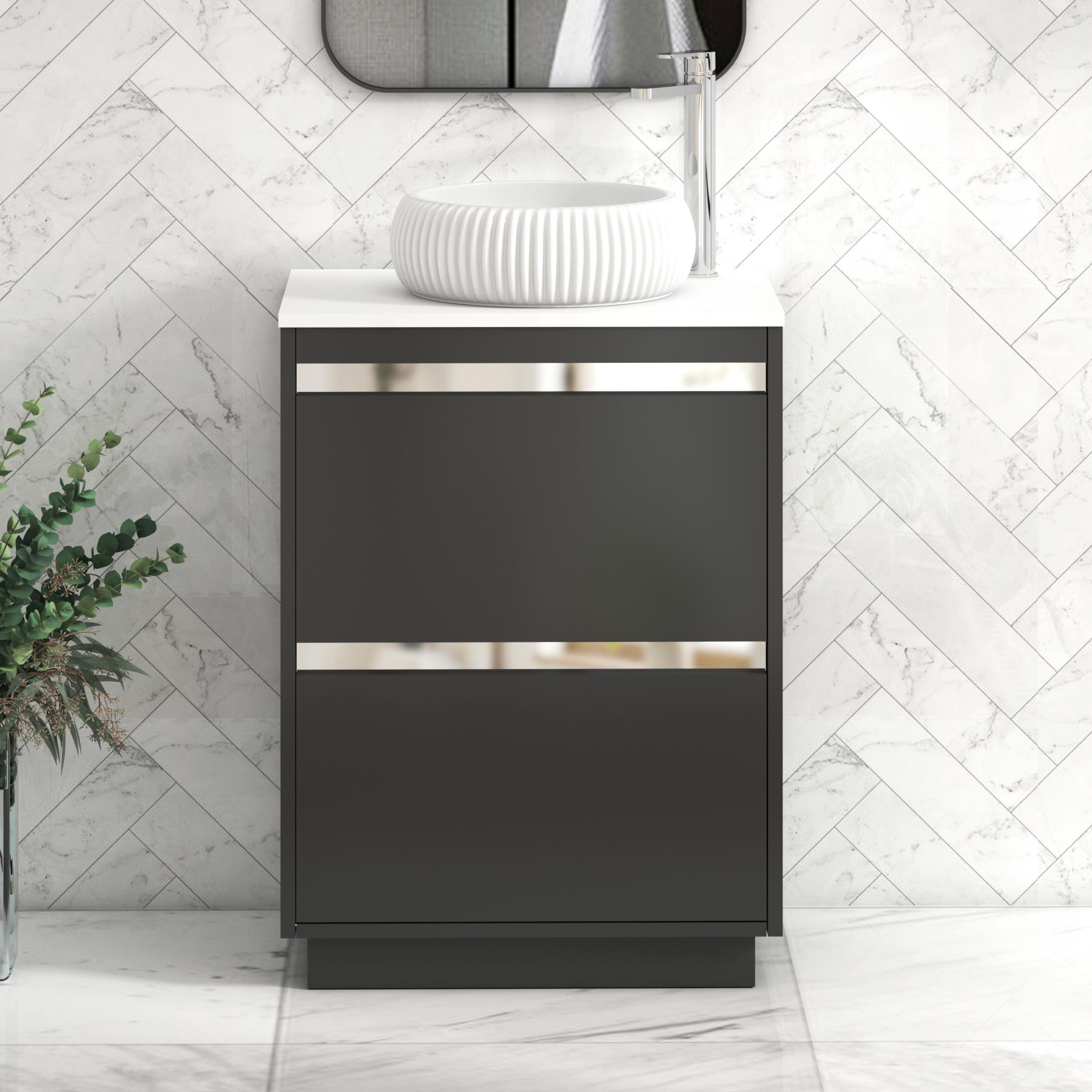 Orion 2 Drawer Matt Obsidian Black Floor Standing Vanity Unit with Plain White Top & Countertop Basin