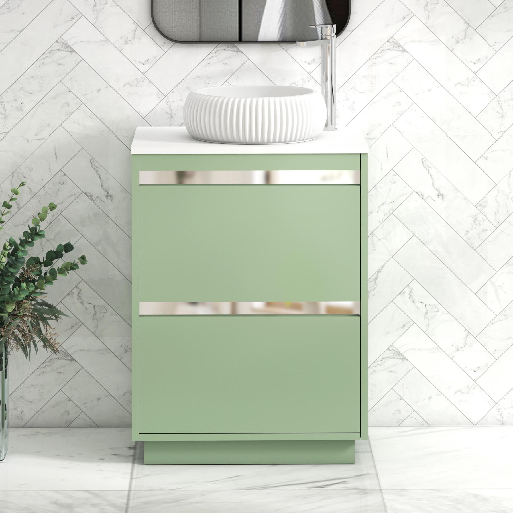 Orion 2 Drawer Mint Sage Floor Standing Vanity Unit with Plain White Top & Countertop Basin
