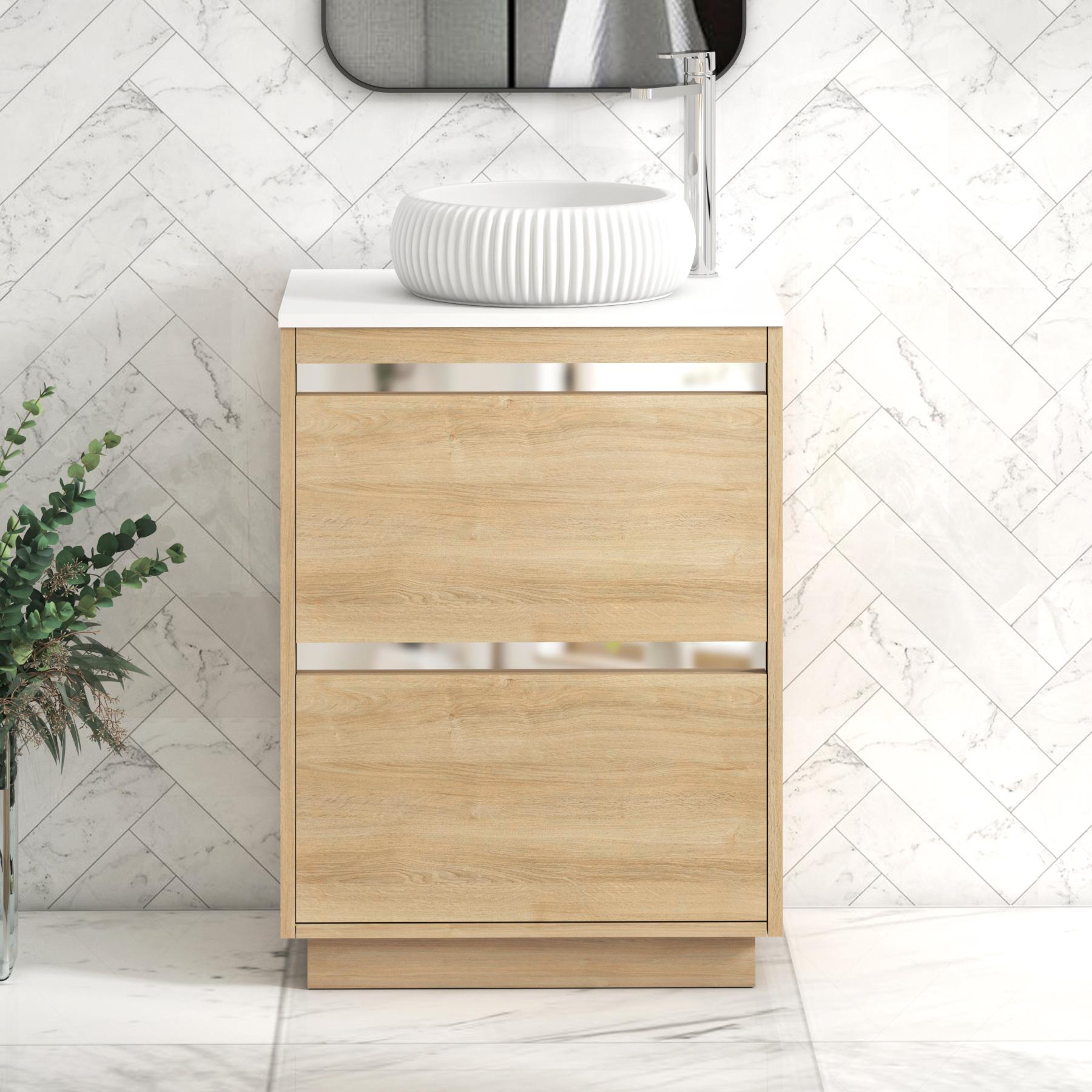 Orion 2 Drawer Natural Oak Floor Standing Vanity Unit with Plain White Top & Countertop Basin