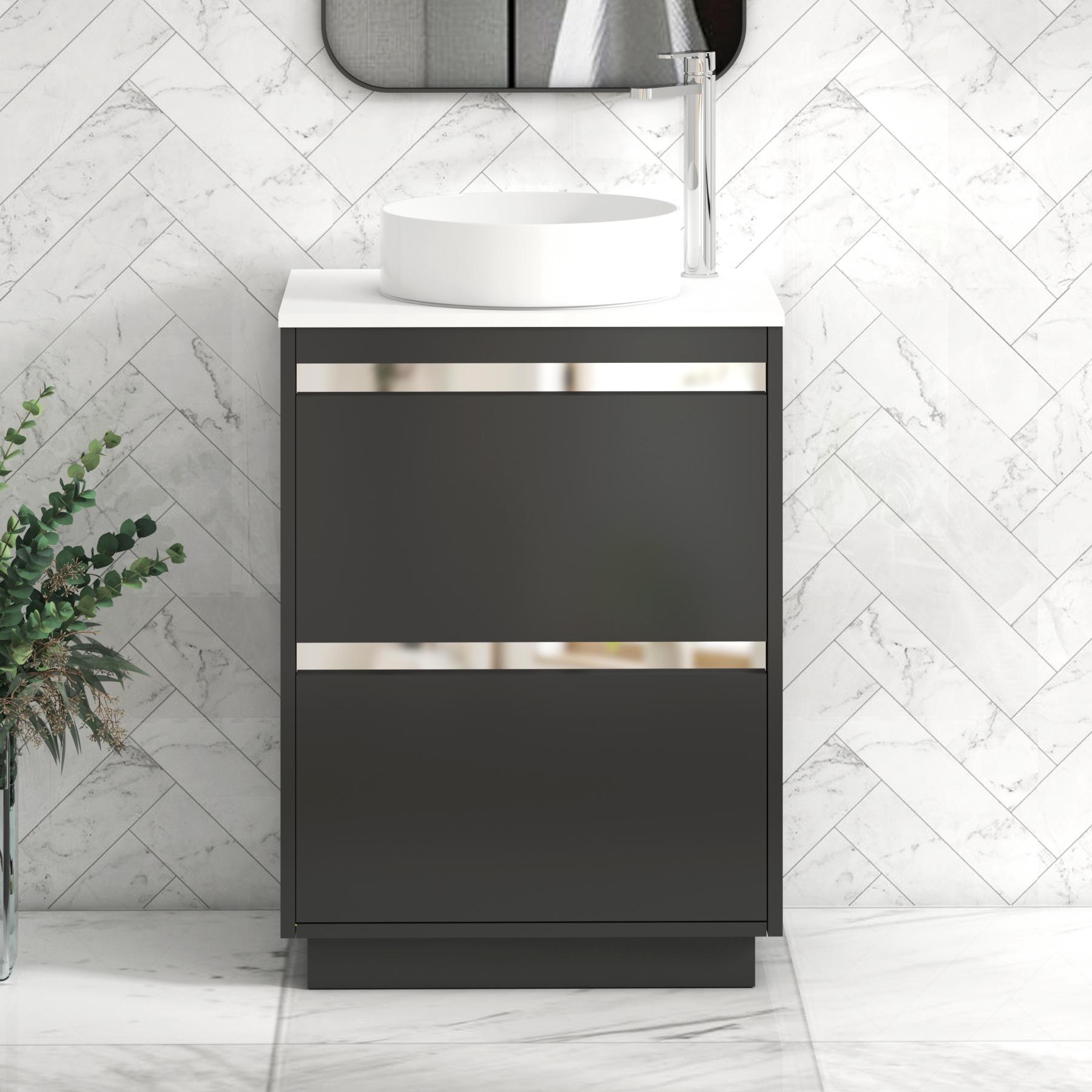 Orion 2 Drawer Matt Obsidian Black Floor Standing Vanity Unit with Plain White Top & Countertop Basin