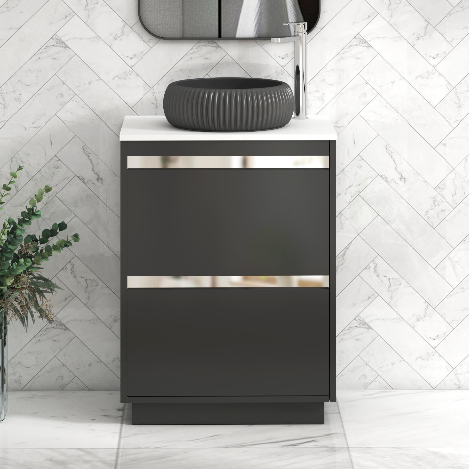Orion 2 Drawer Matt Obsidian Black Floor Standing Vanity Unit with Plain White Top & Countertop Basin