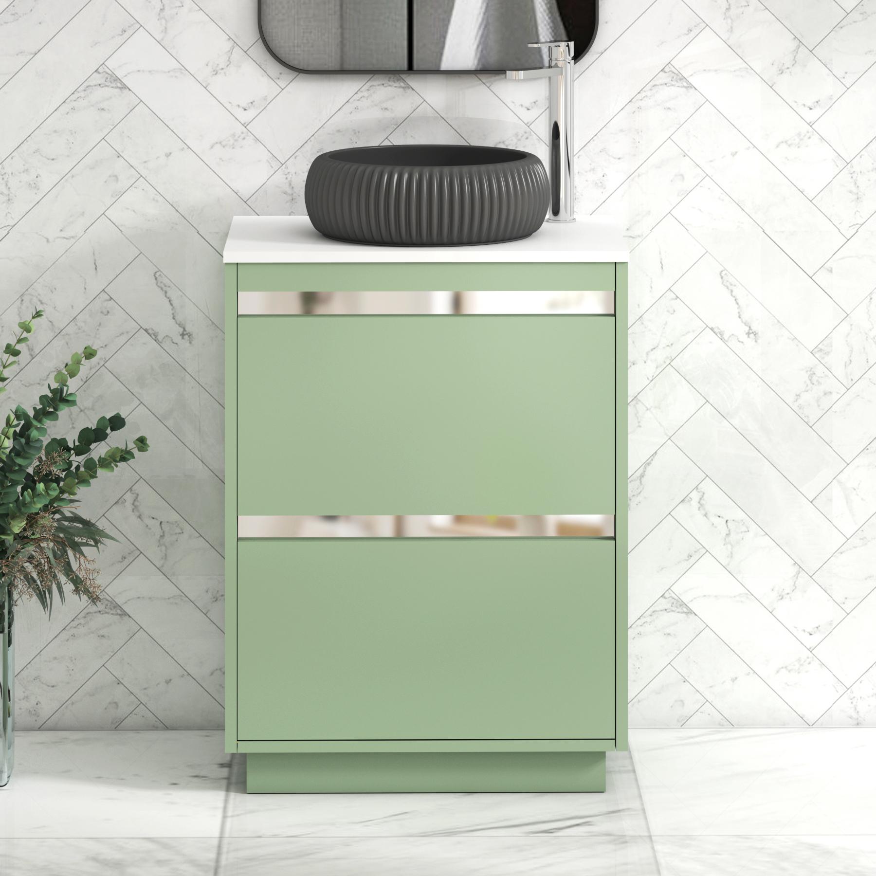 Orion 2 Drawer Mint Sage Floor Standing Vanity Unit with Plain White Top & Countertop Basin