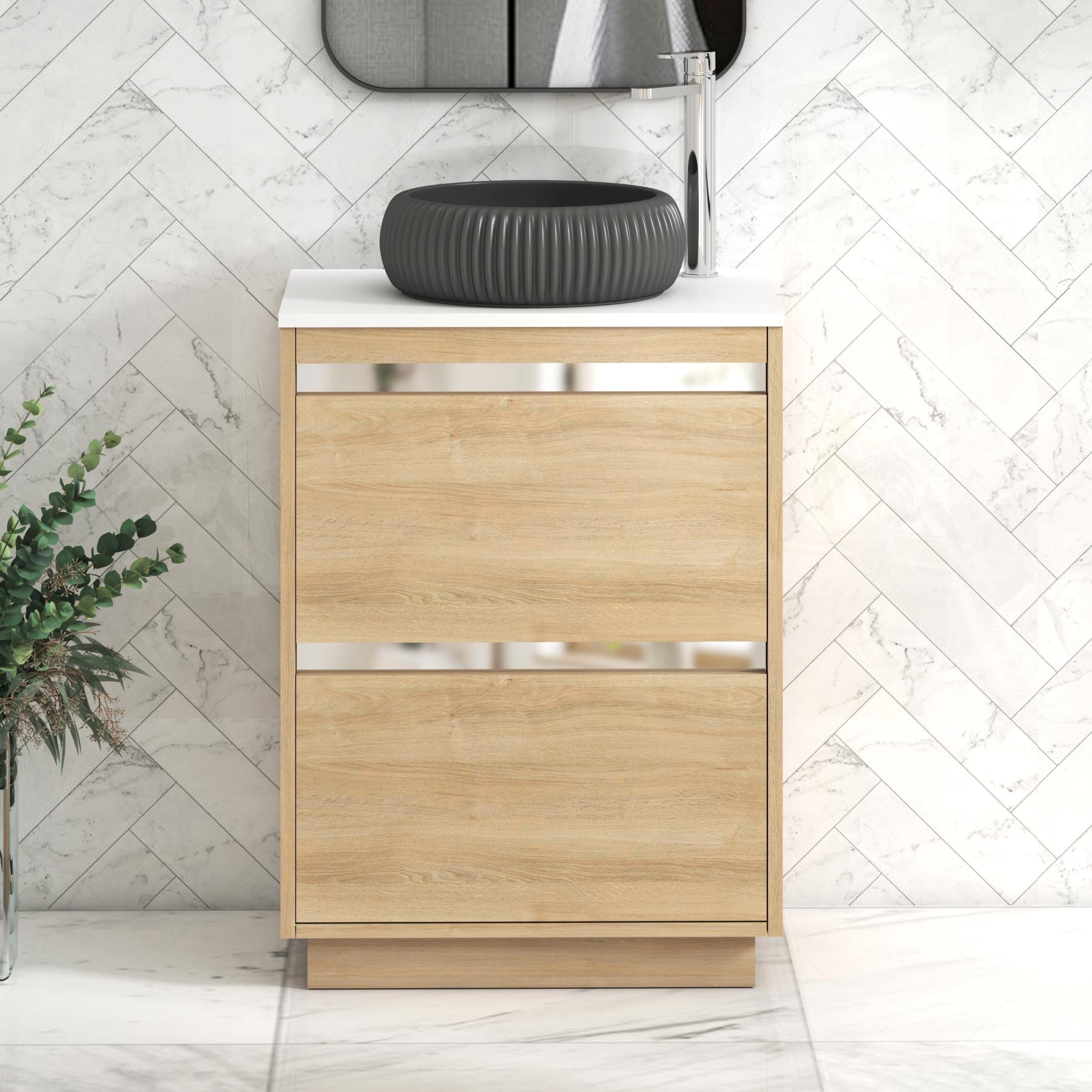 Orion 2 Drawer Natural Oak Floor Standing Vanity Unit with Plain White Top & Countertop Basin