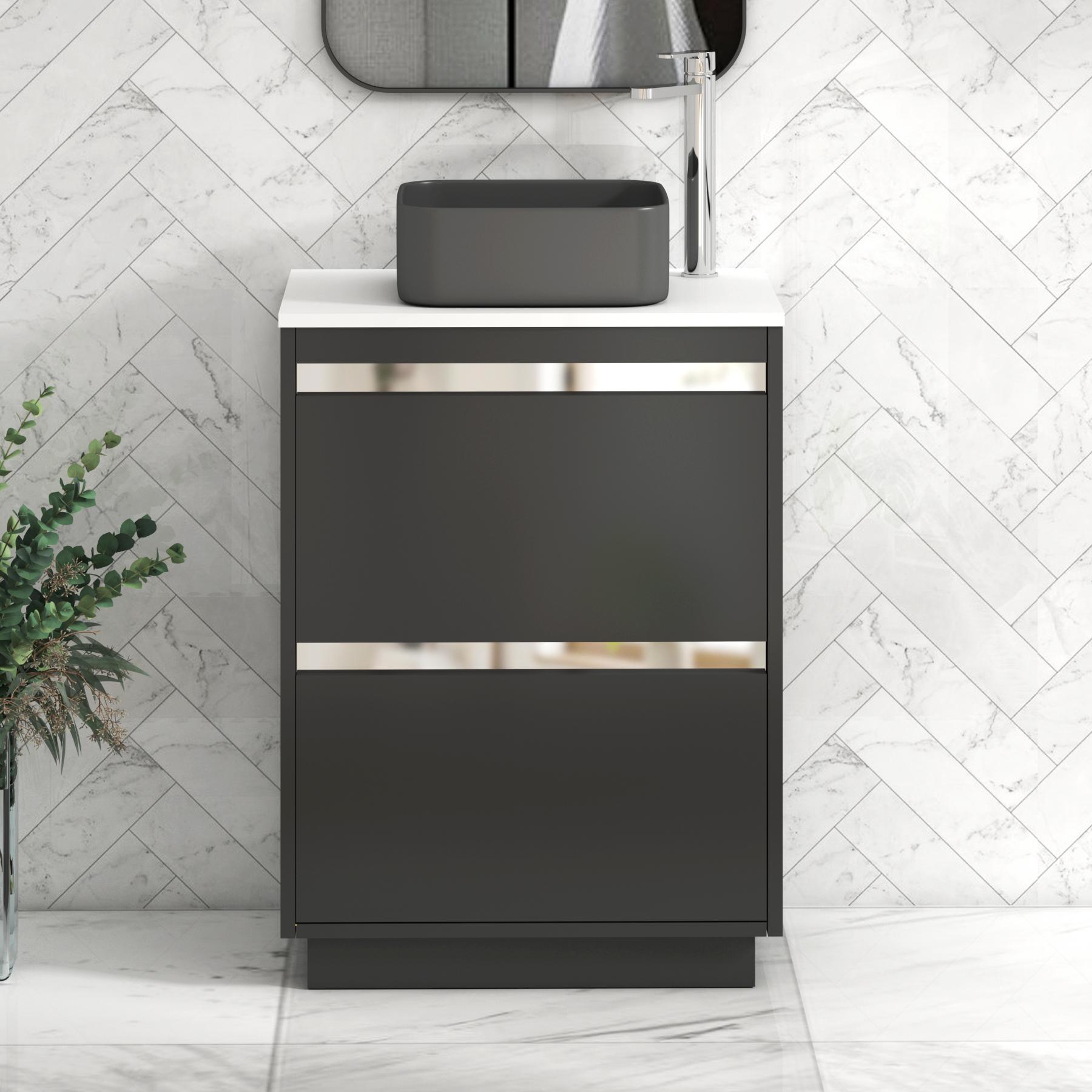 Orion 2 Drawer Matt Obsidian Black Floor Standing Vanity Unit with Plain White Top & Countertop Basin