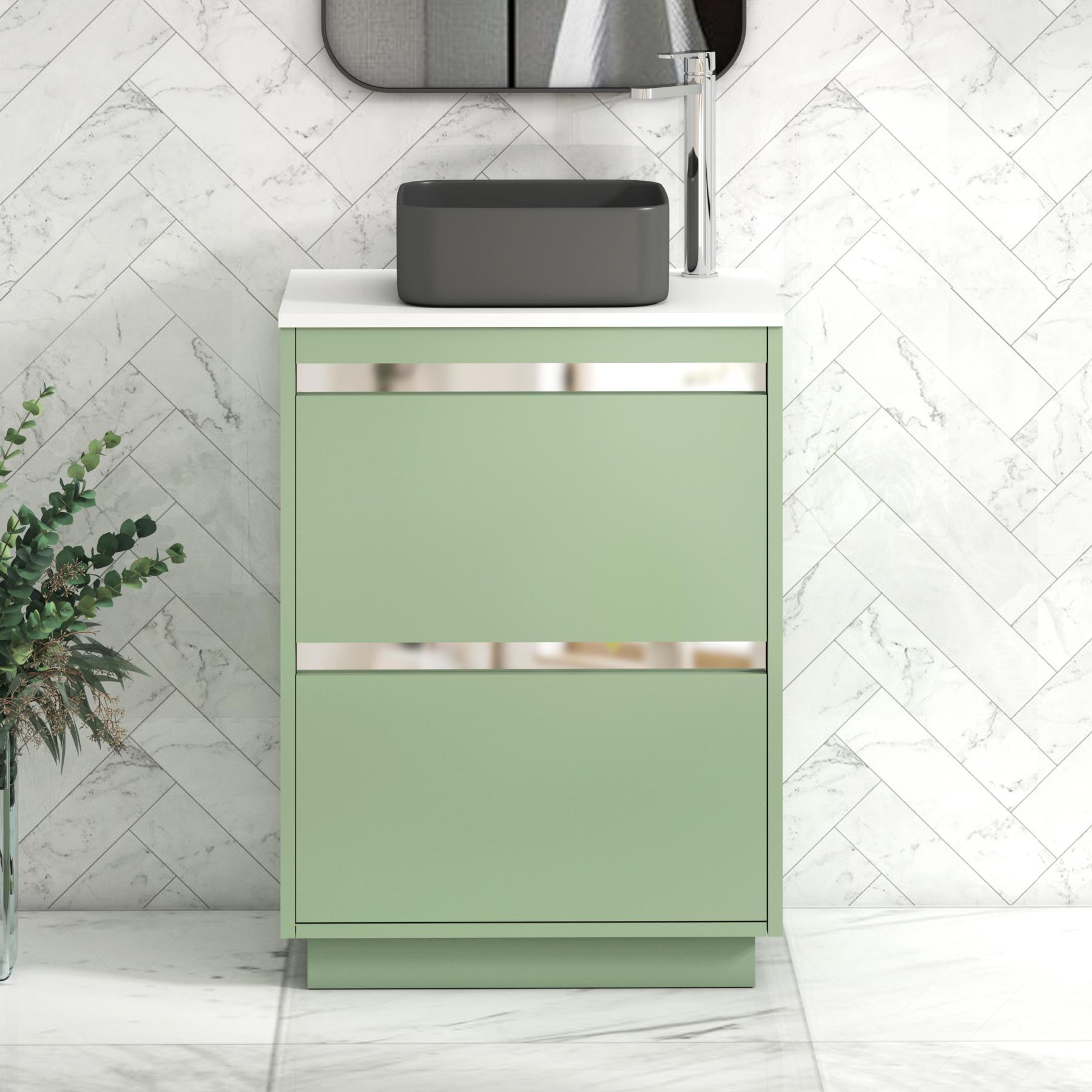 Orion 2 Drawer Mint Sage Floor Standing Vanity Unit with Plain White Top & Countertop Basin