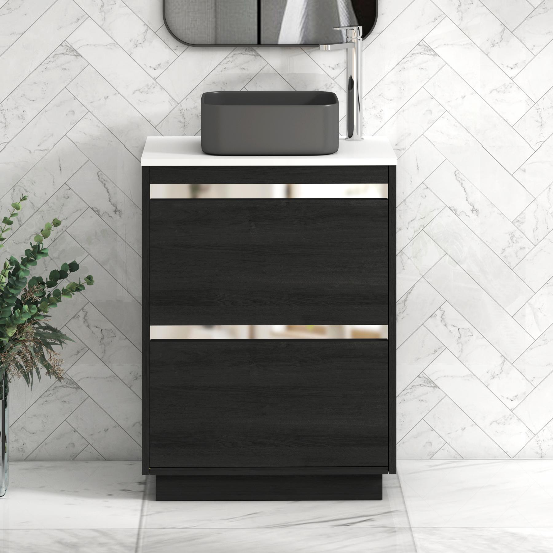 Orion 2 Drawer Hale Black Floor Standing Vanity Unit with Plain White Top & Countertop Basin
