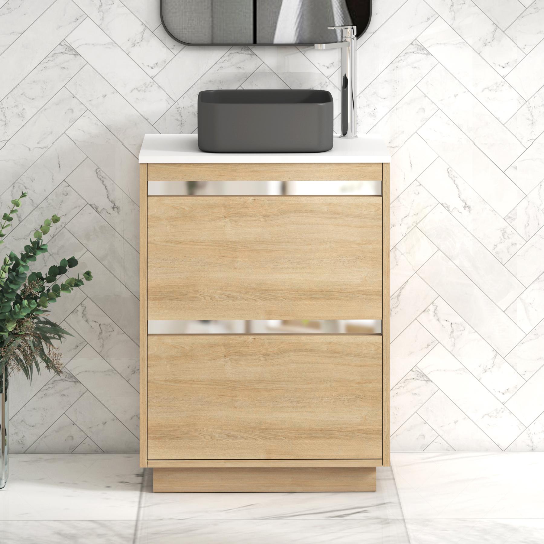 Orion 2 Drawer Natural Oak Floor Standing Vanity Unit with Plain White Top & Countertop Basin