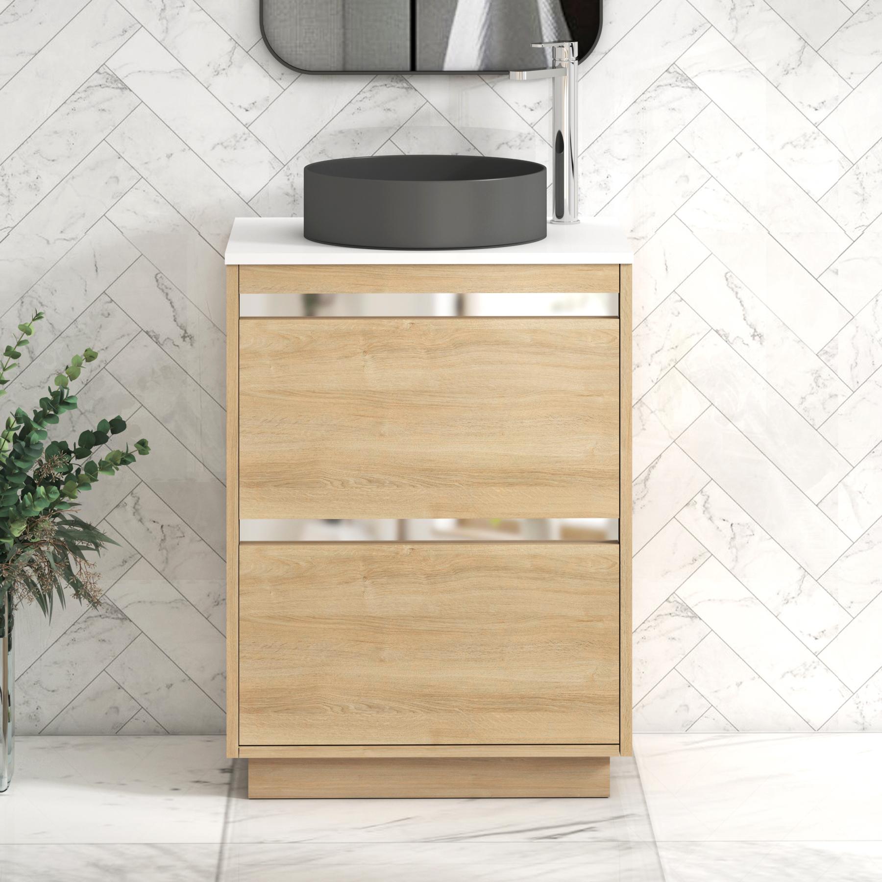 Orion 2 Drawer Natural Oak Floor Standing Vanity Unit with Plain White Top & Countertop Basin