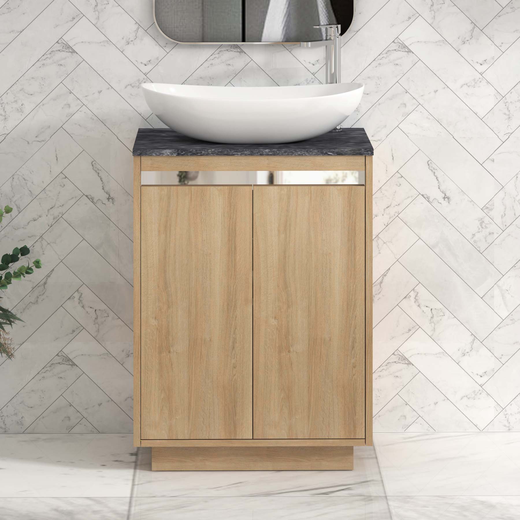 Orion 800mm Oak Floor Standing Countertop Vanity Unit 2 Door with Cesar Basin & Chrome Strip - Black Star
