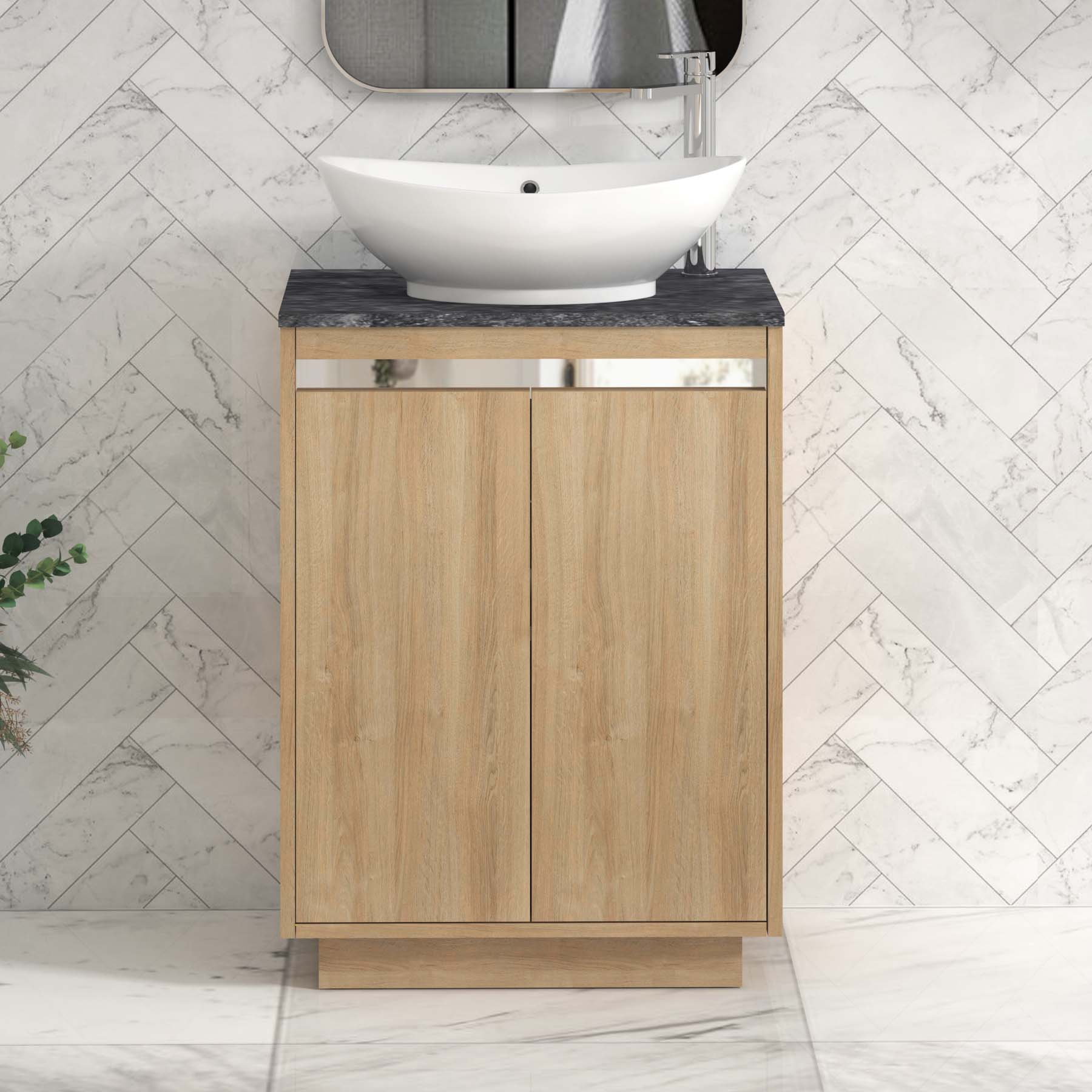 Orion 800mm Oak Floor Standing Countertop Vanity Unit 2 Door with Amaze Basin & Chrome Strip - Black Star