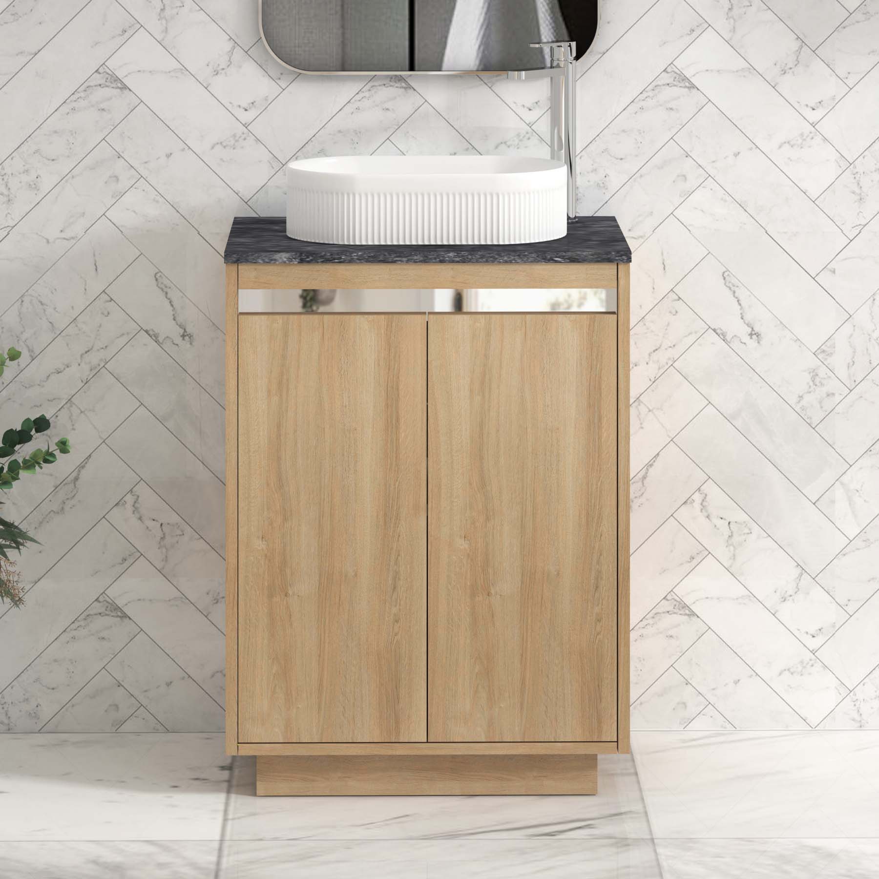 Orion 800mm Oak Floor Standing Countertop Vanity Unit 2 Door with Lyon Basin & Chrome Strip - Black Star