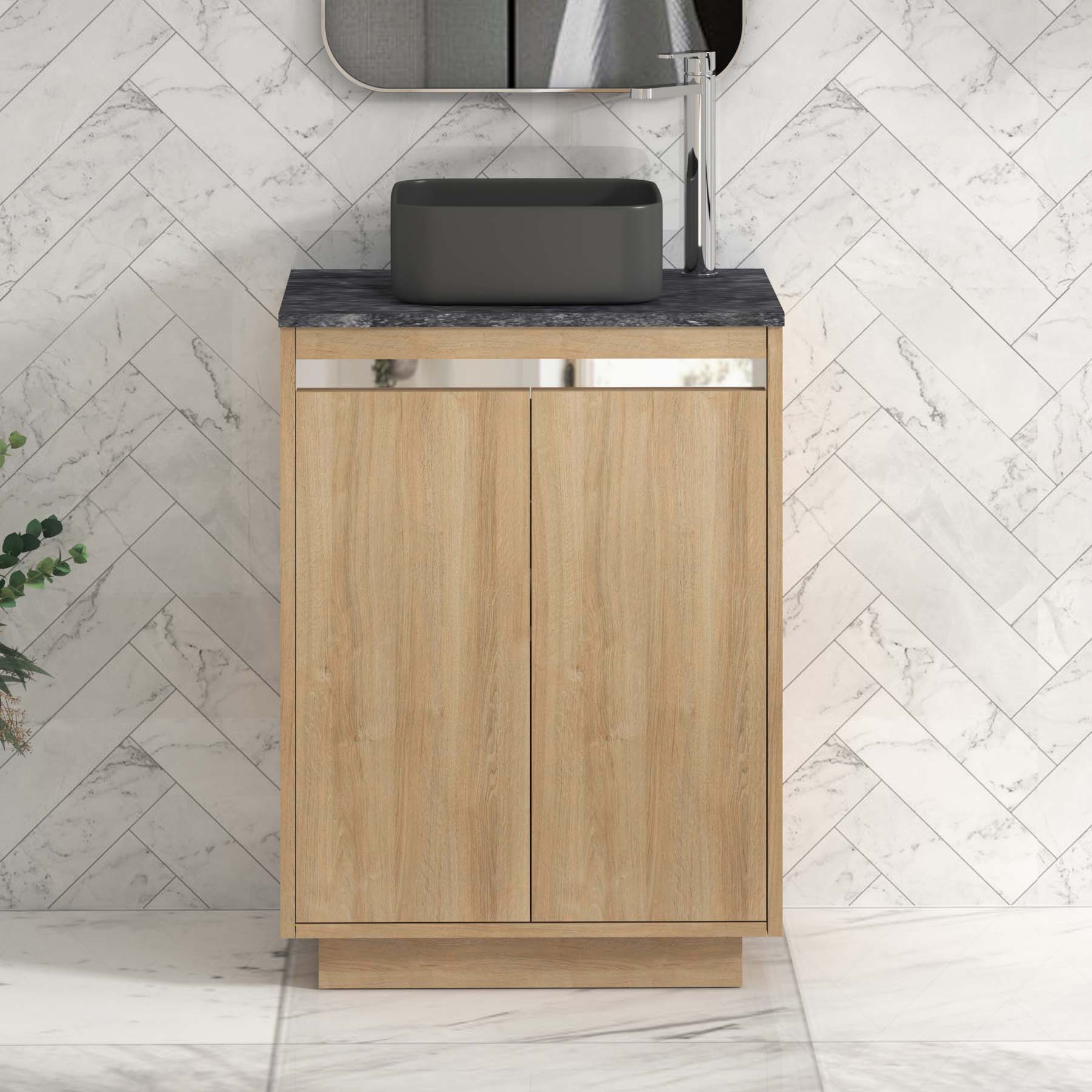Orion 800mm Oak Floor Standing Countertop Vanity Unit 2 Door with Art Square Basin & Chrome Strip - Black Star