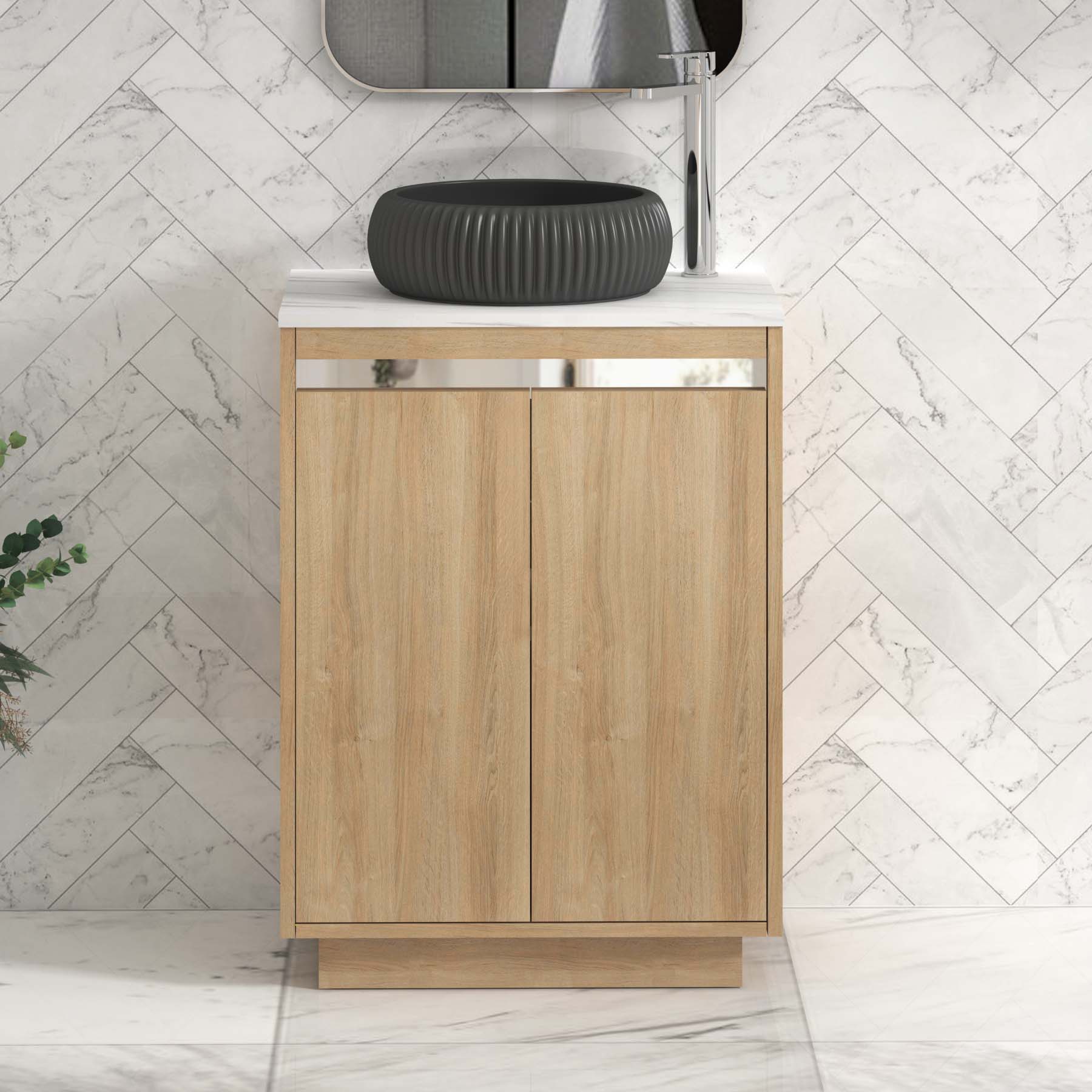 Orion 800mm Oak Floor Standing Countertop Vanity Unit 2 Door with Milan Black Basin & Chrome Strip