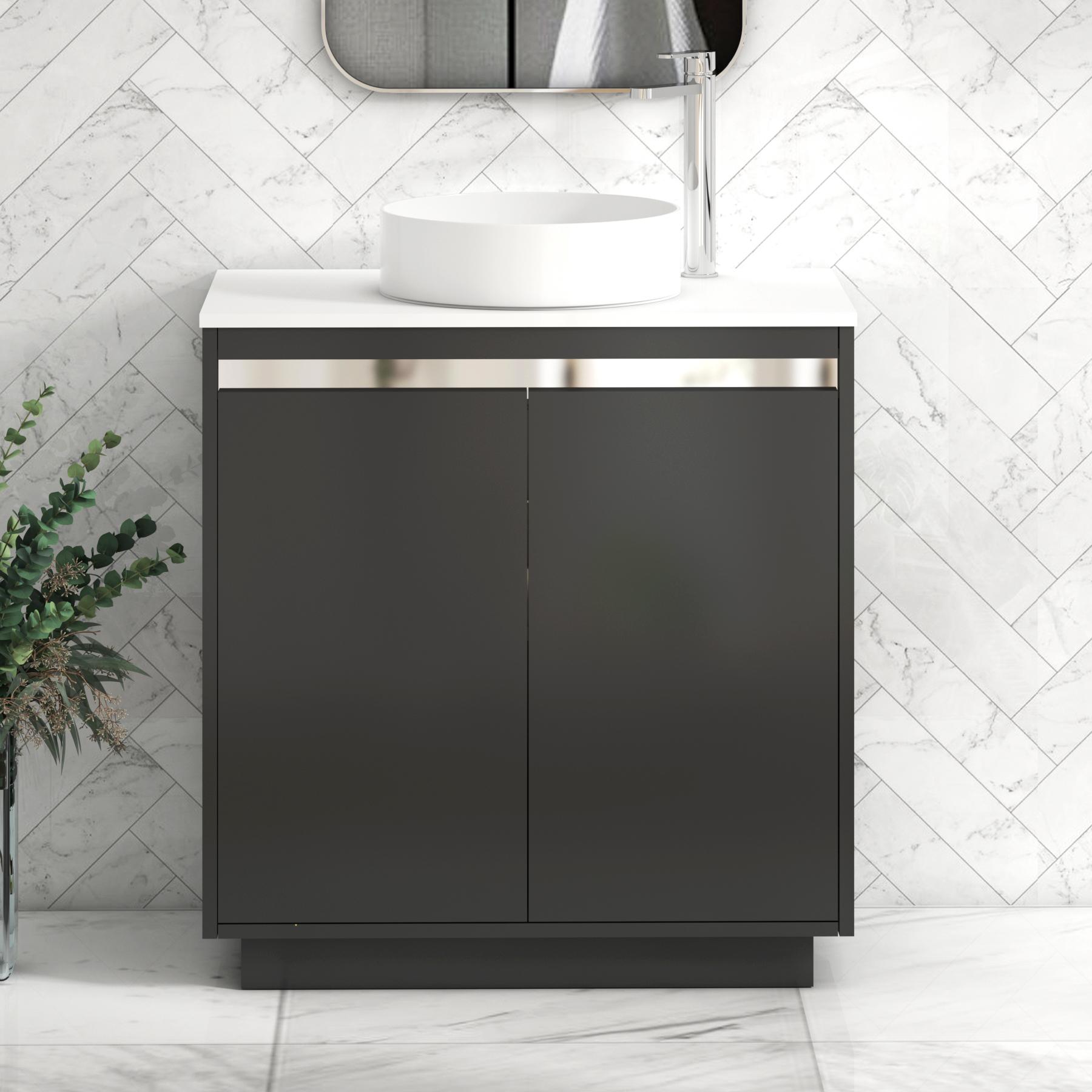 Orion 800mm Matt Obsidian Black Floor Standing Plain White Countertop ...