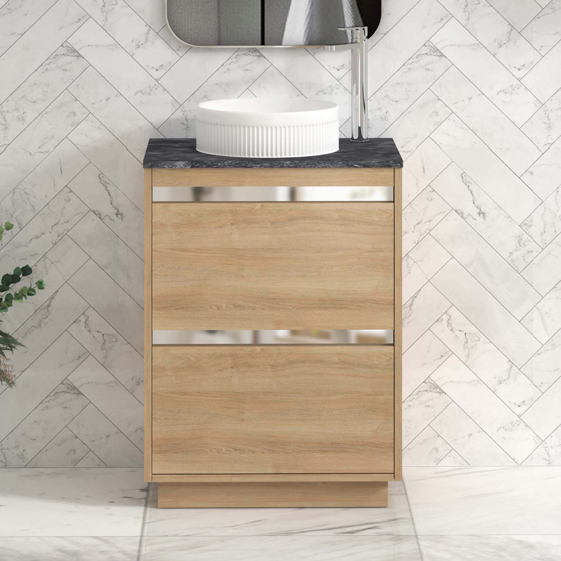 Orion 800mm Oak Floor Standing Countertop Vanity Unit 2 Drawer with Round Basin & Chrome Strip - Black Star