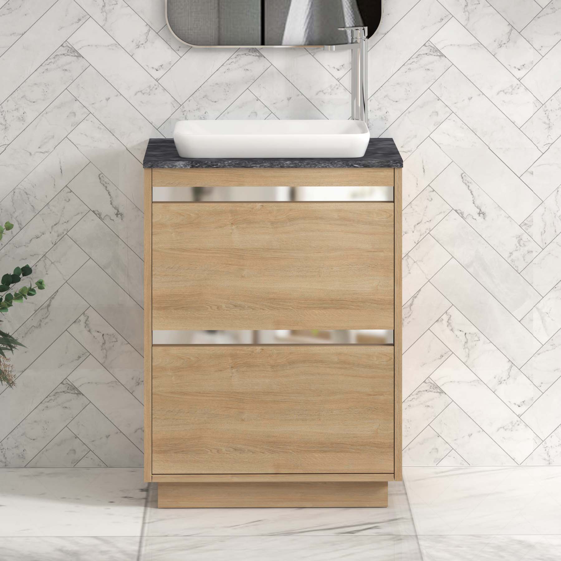Orion 800mm Oak Floor Standing Countertop Vanity Unit 2 Drawer with Qubix Basin & Chrome Strip - Black Star
