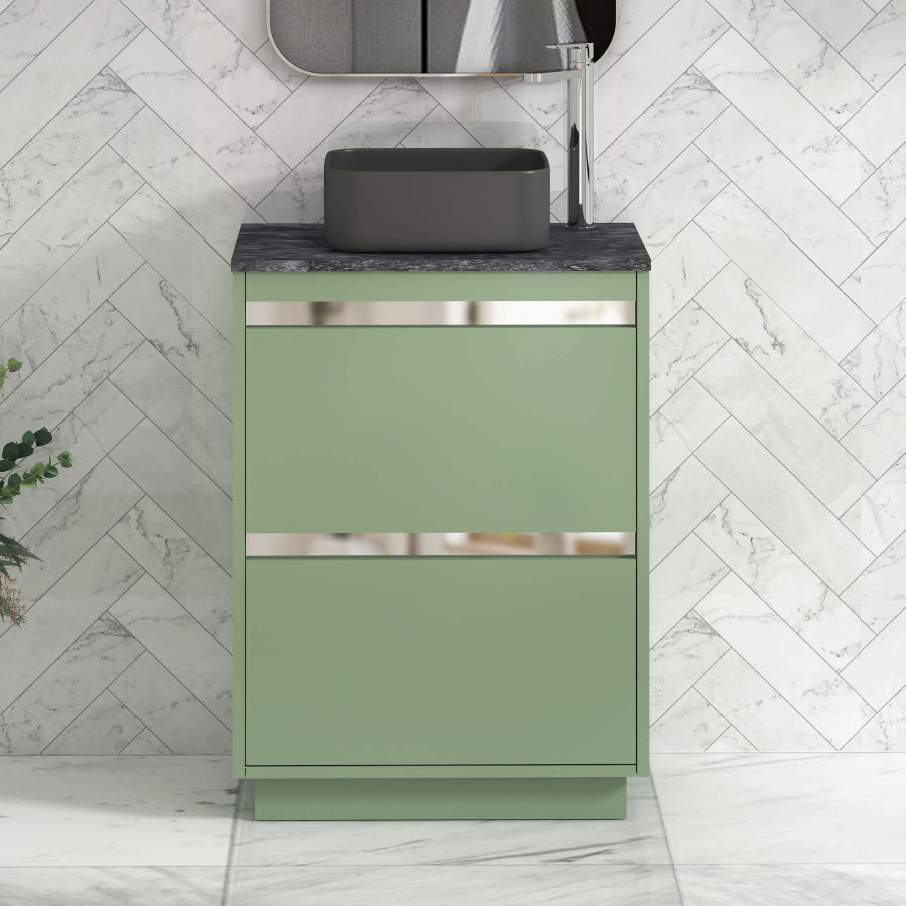 Orion 800mm Mint Green Floor Standing Countertop Vanity Unit 2 Drawer with Art Square Basin & Chrome Strip - Black Star