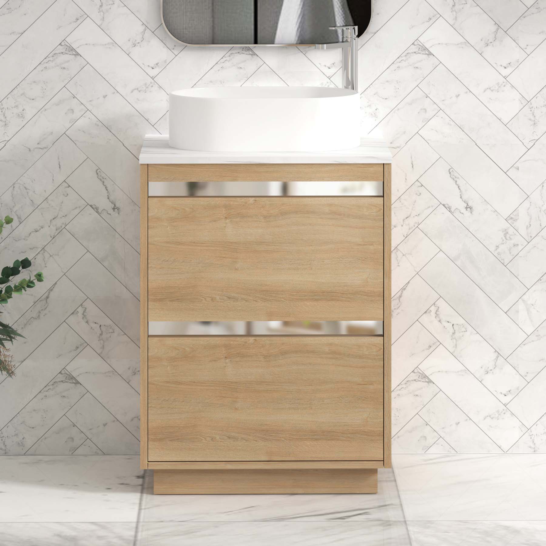 Orion 800mm Oak Floor Standing Countertop Vanity Unit 2 Drawer with Peak Basin & Chrome Strip