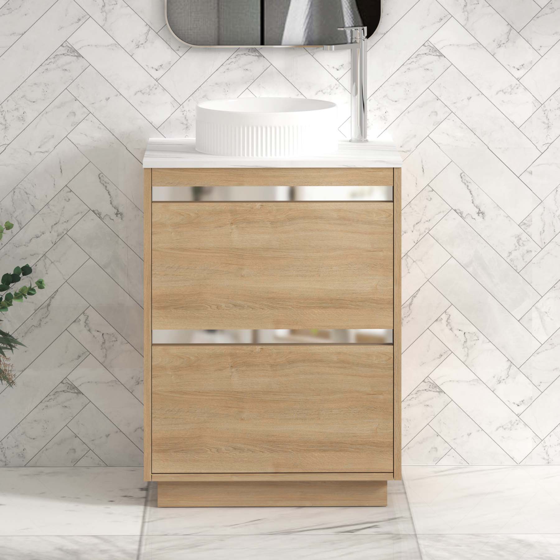 Orion 800mm Oak Floor Standing Countertop Vanity Unit 2 Drawer with Round Basin & Chrome Strip