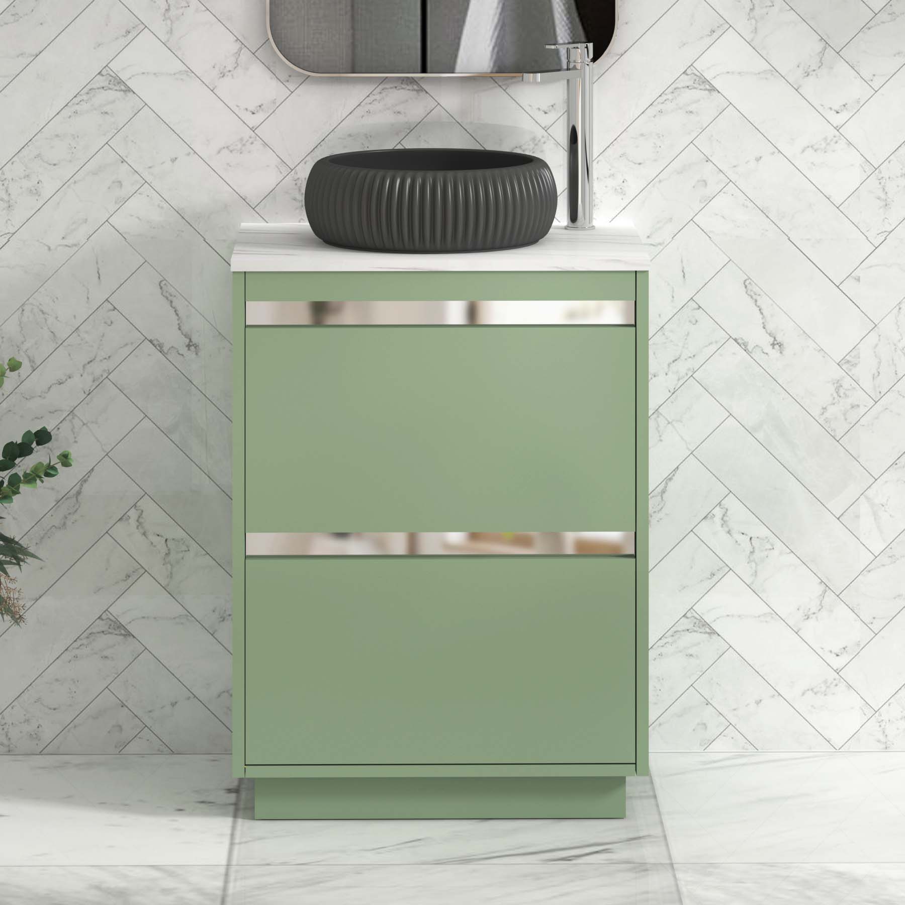 Orion 800mm Mint Green Floor Standing Countertop Vanity Unit 2 Drawer with Milan Black Basin & Chrome Strip