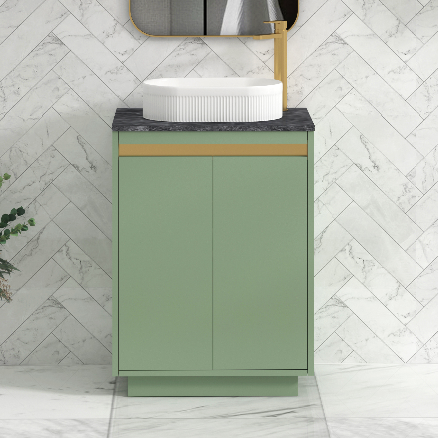Orion 600mm Mint Green Floor Standing Countertop Vanity Unit 2 Door with Lyon Basin & Brushed Brass Strip - Black Star