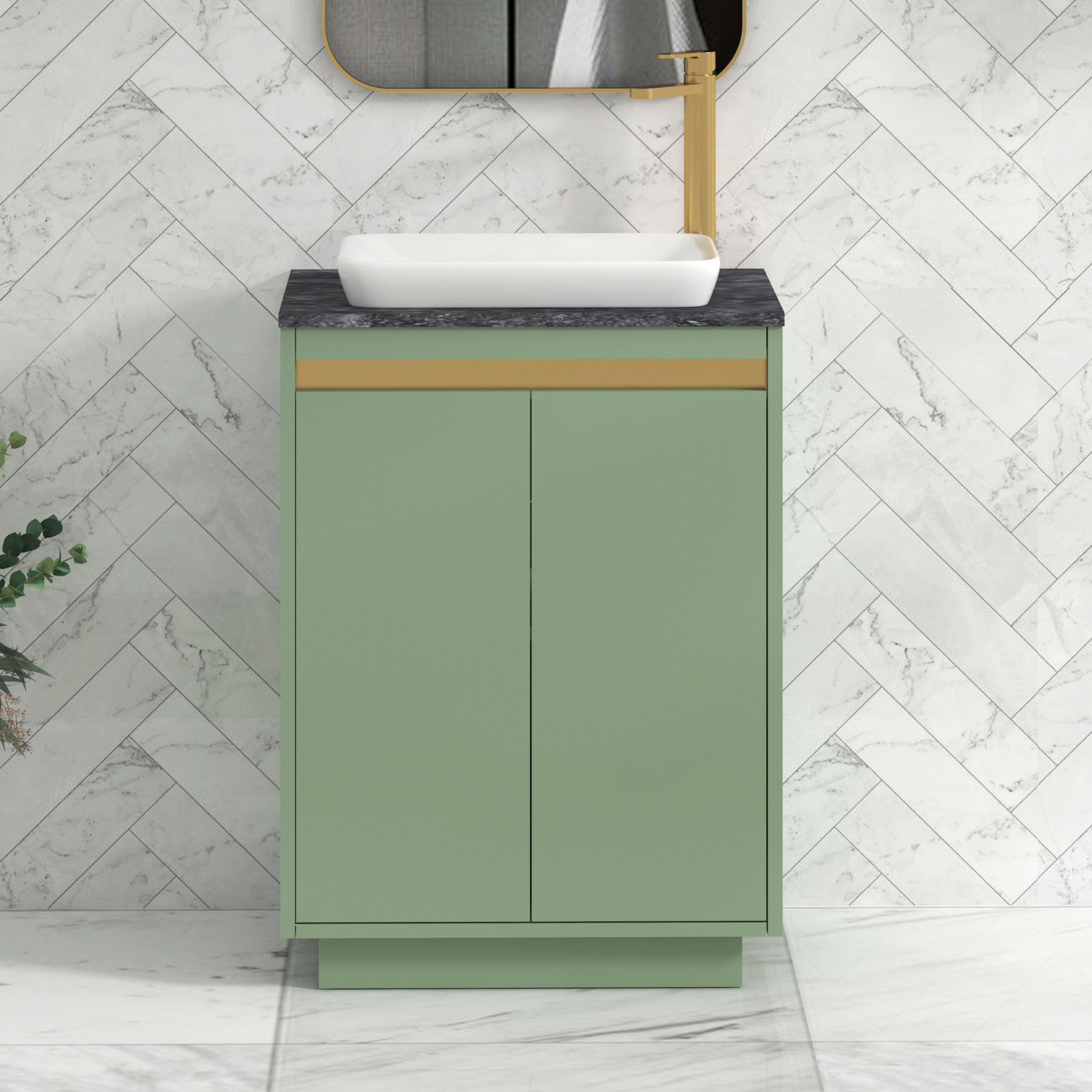 Orion 600mm Mint Green Floor Standing Countertop Vanity Unit 2 Door with Qubix Basin & Brushed Brass Strip - Black Star