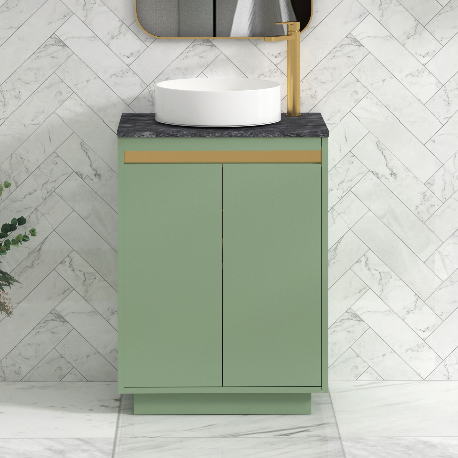 Orion 600mm Mint Green Floor Standing Vanity Unit 2 Door with Black Star Undrilled Worktop & Brushed Brass Strip