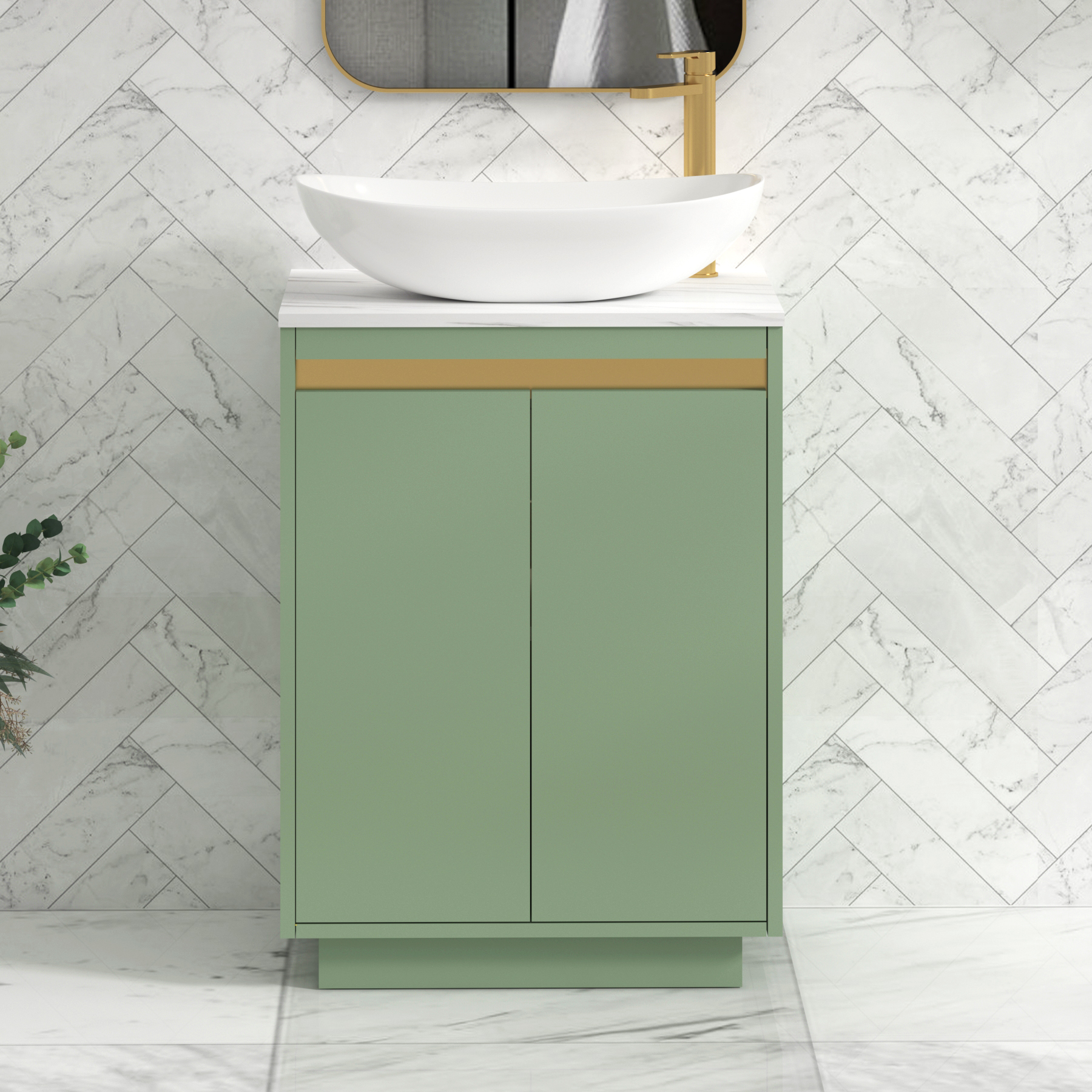 Orion 2 Door Mint Sage Floor Standing Vanity Unit with Carrara White Top & Countertop Basin | Brushed Brass Accent Trim