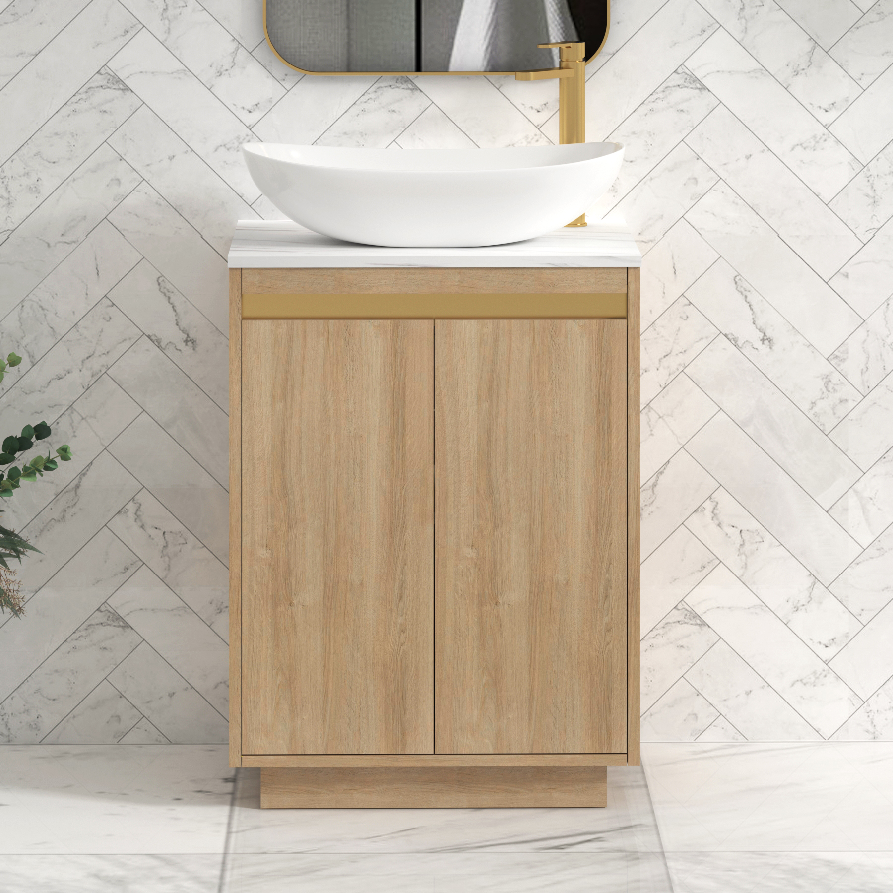 Orion 2 Door Natural Oak Floor Standing Vanity Unit with Carrara White Top & Countertop Basin | Brushed Brass Accent Trim