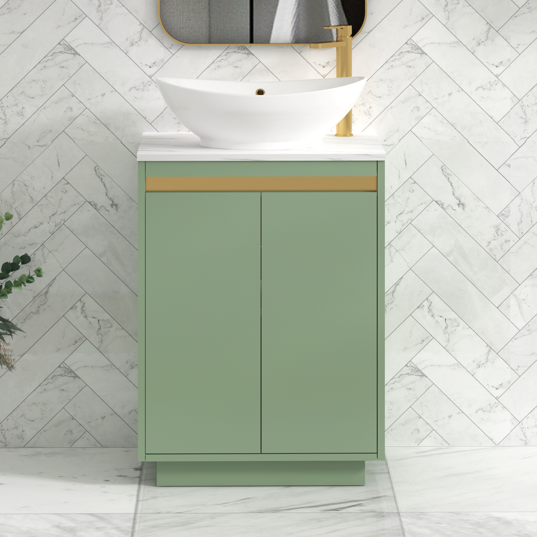 Orion 2 Door Mint Sage Floor Standing Vanity Unit with Carrara White Top & Countertop Basin | Brushed Brass Accent Trim