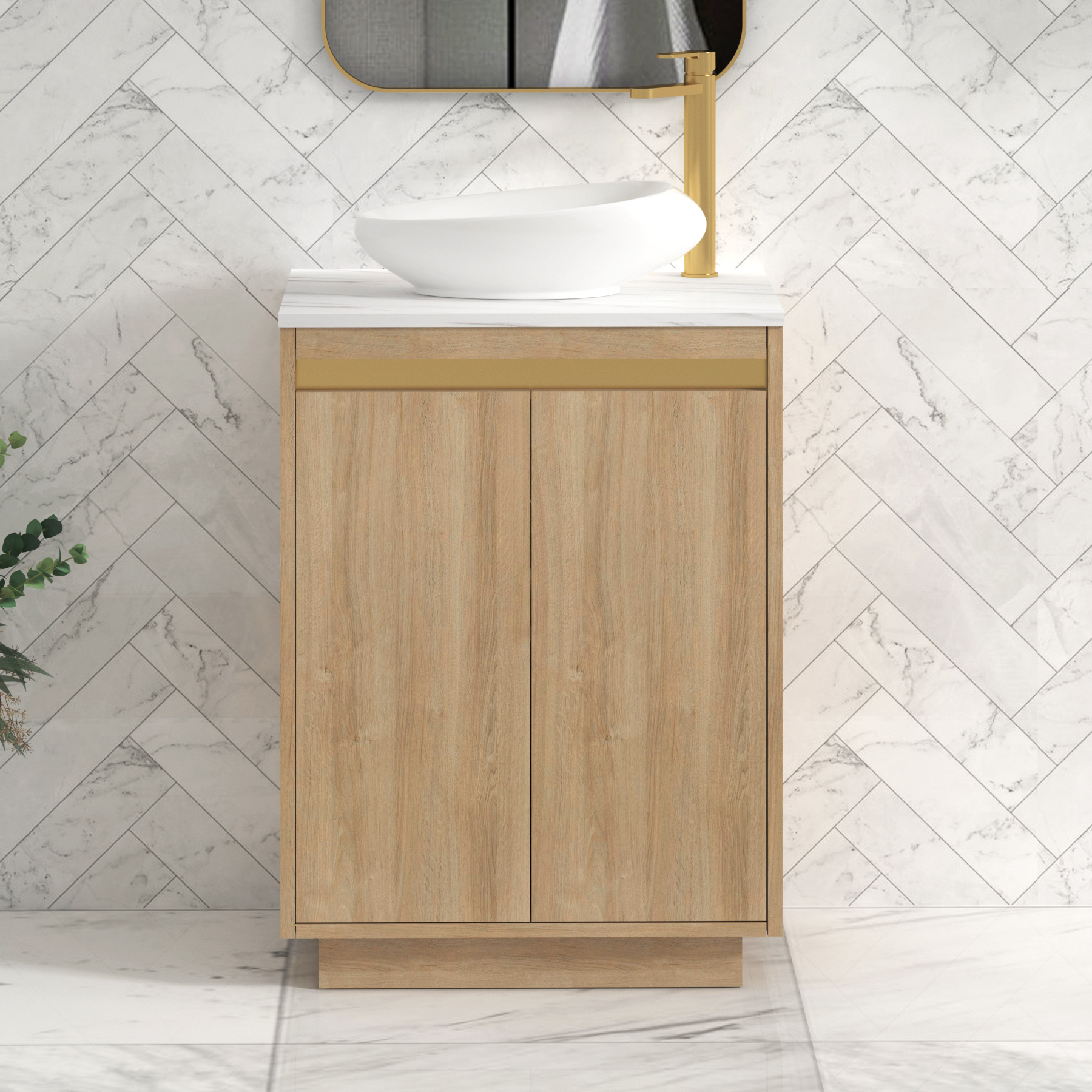 Orion 600mm Natural Oak Floor Standing Countertop Vanity Unit 2 Door with Nova Basin & Brushed Brass Accent Trim
