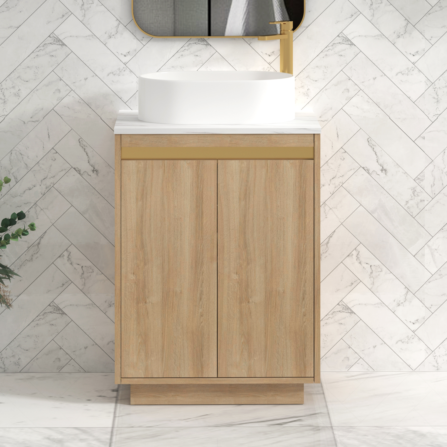 Orion 600mm Natural Oak Floor Standing Countertop Vanity Unit 2 Door with Peak Basin & Brushed Brass Accent Trim